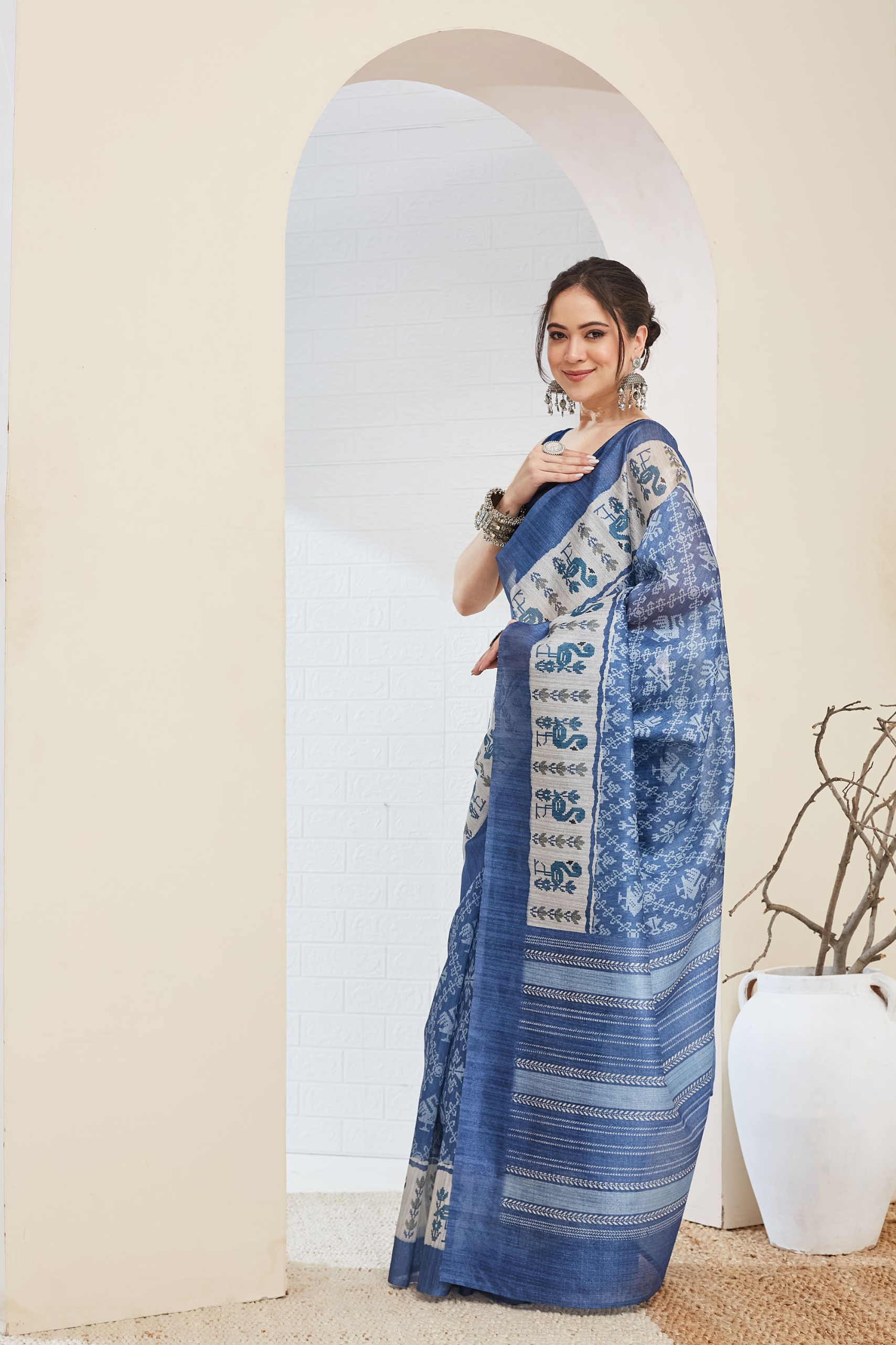 Royal Blue Ikat Printed Silk Blend Ready To Wear Saree