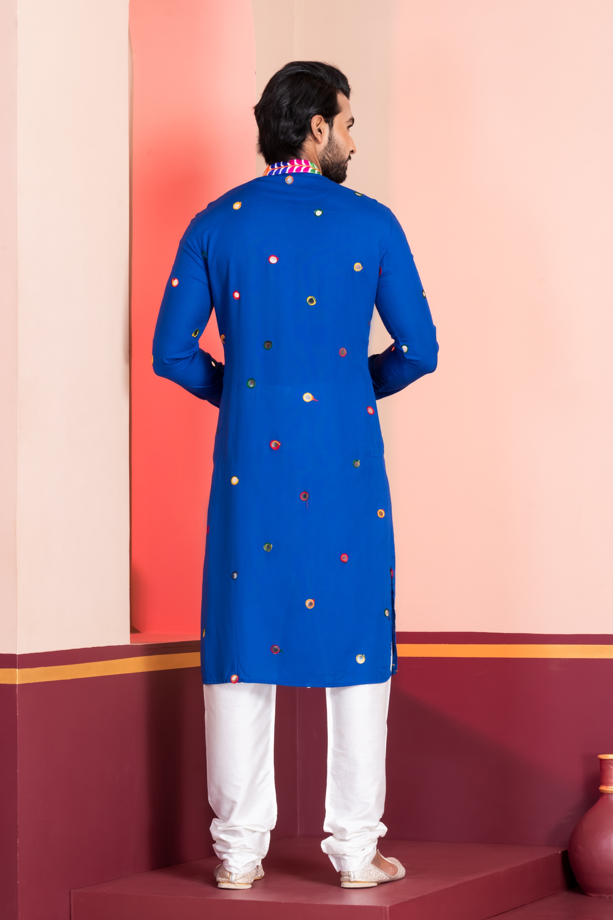 Royal Blue Lace Embroidery Rayon Kurta Pyjama — alternate view