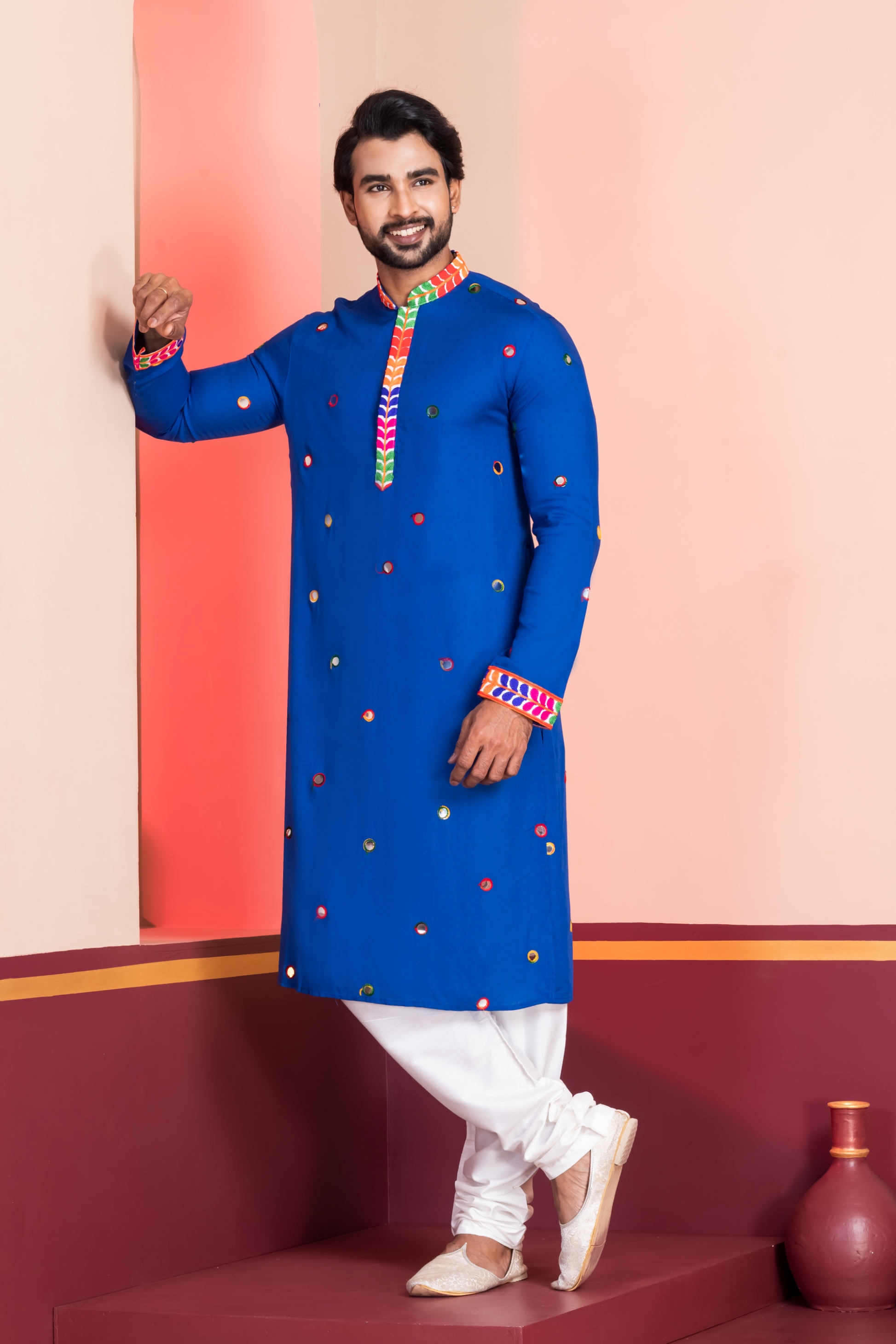 Royal Blue Lace Embroidery Rayon Kurta Pyjama