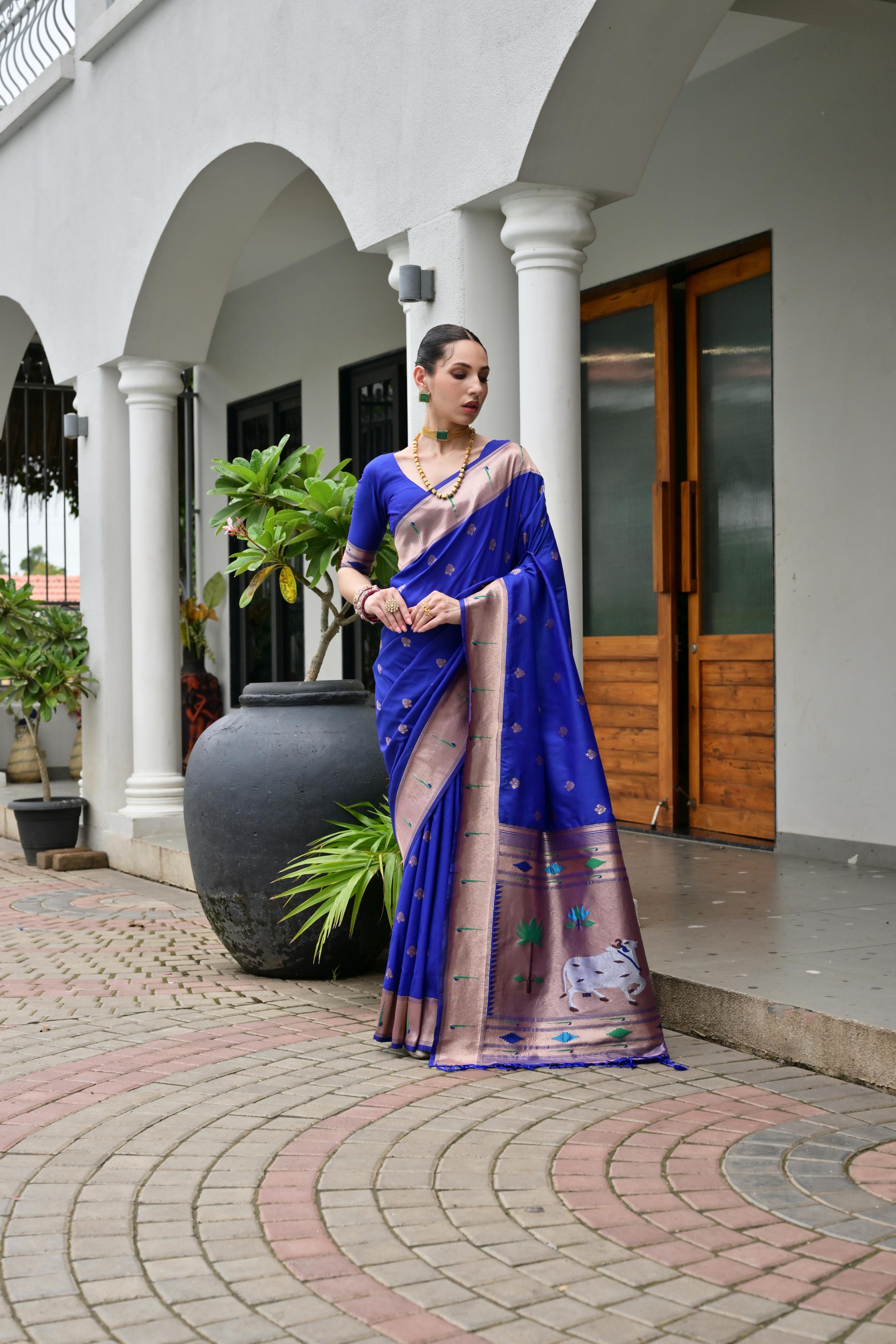 Royal Blue Paithani Woven Designer Banarasi Silk Saree