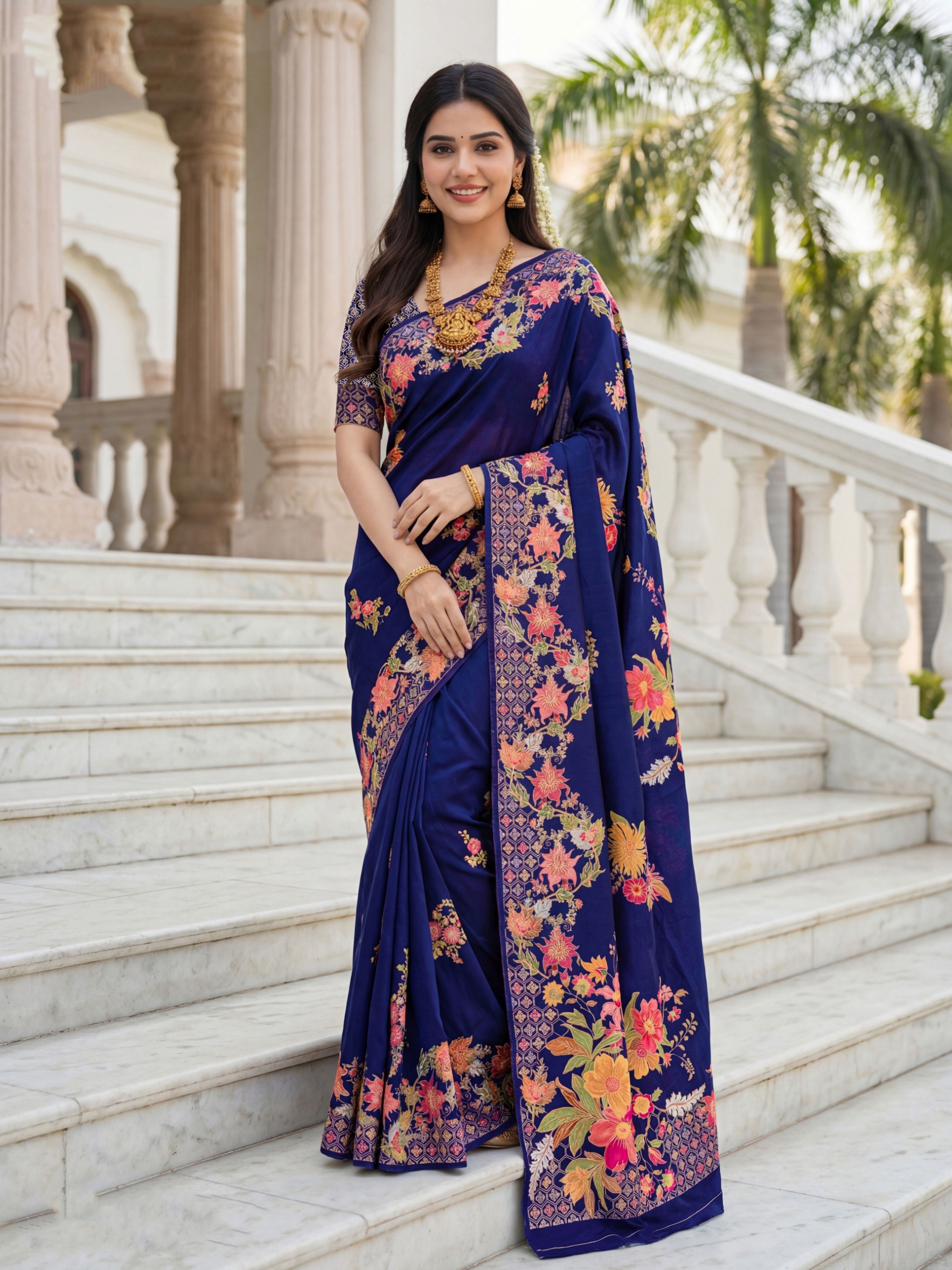 Royal Blue Russian Silk Floral Printed Designer Saree