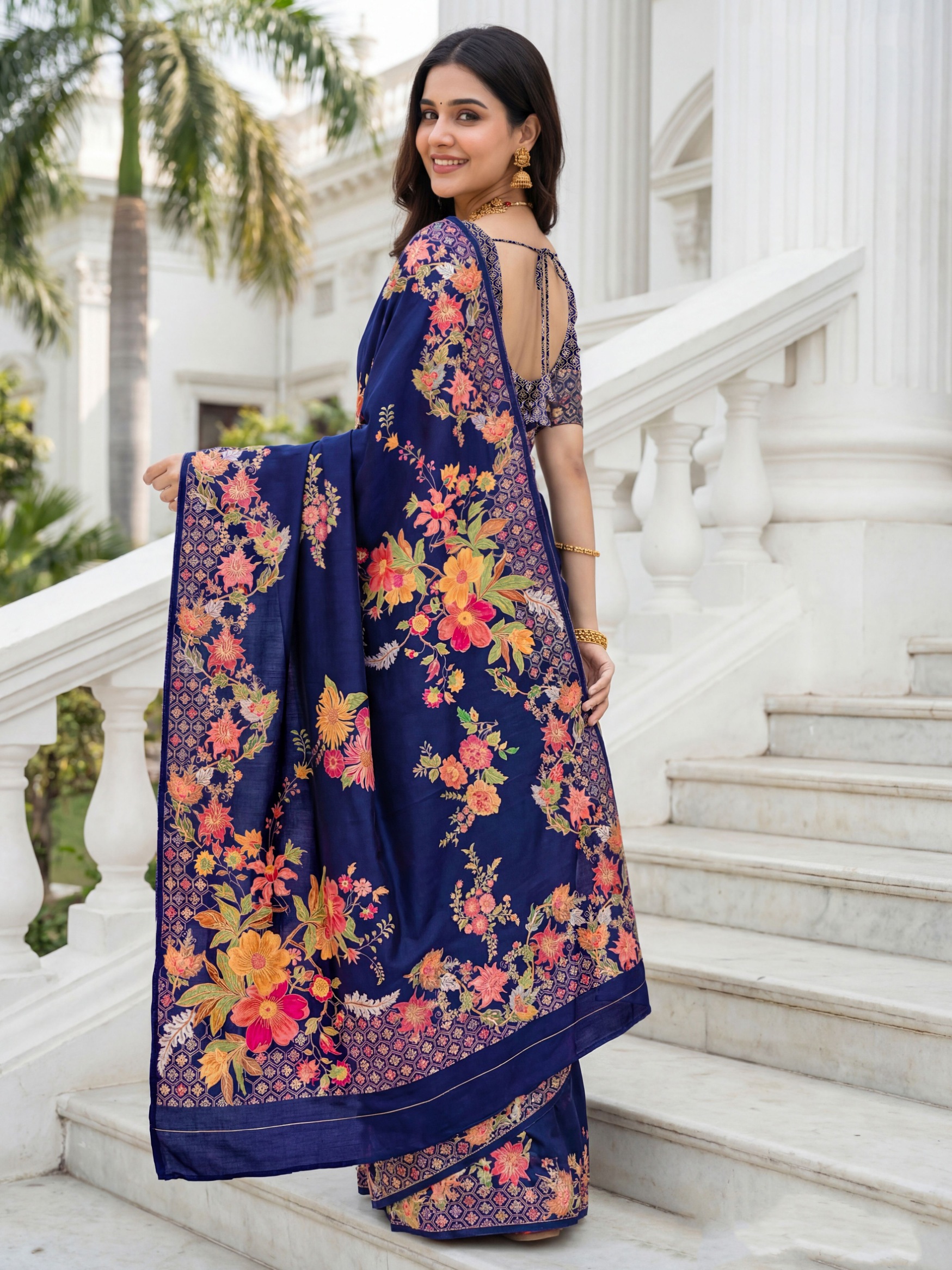 Royal Blue Russian Silk Floral Printed Designer Saree — alternate view