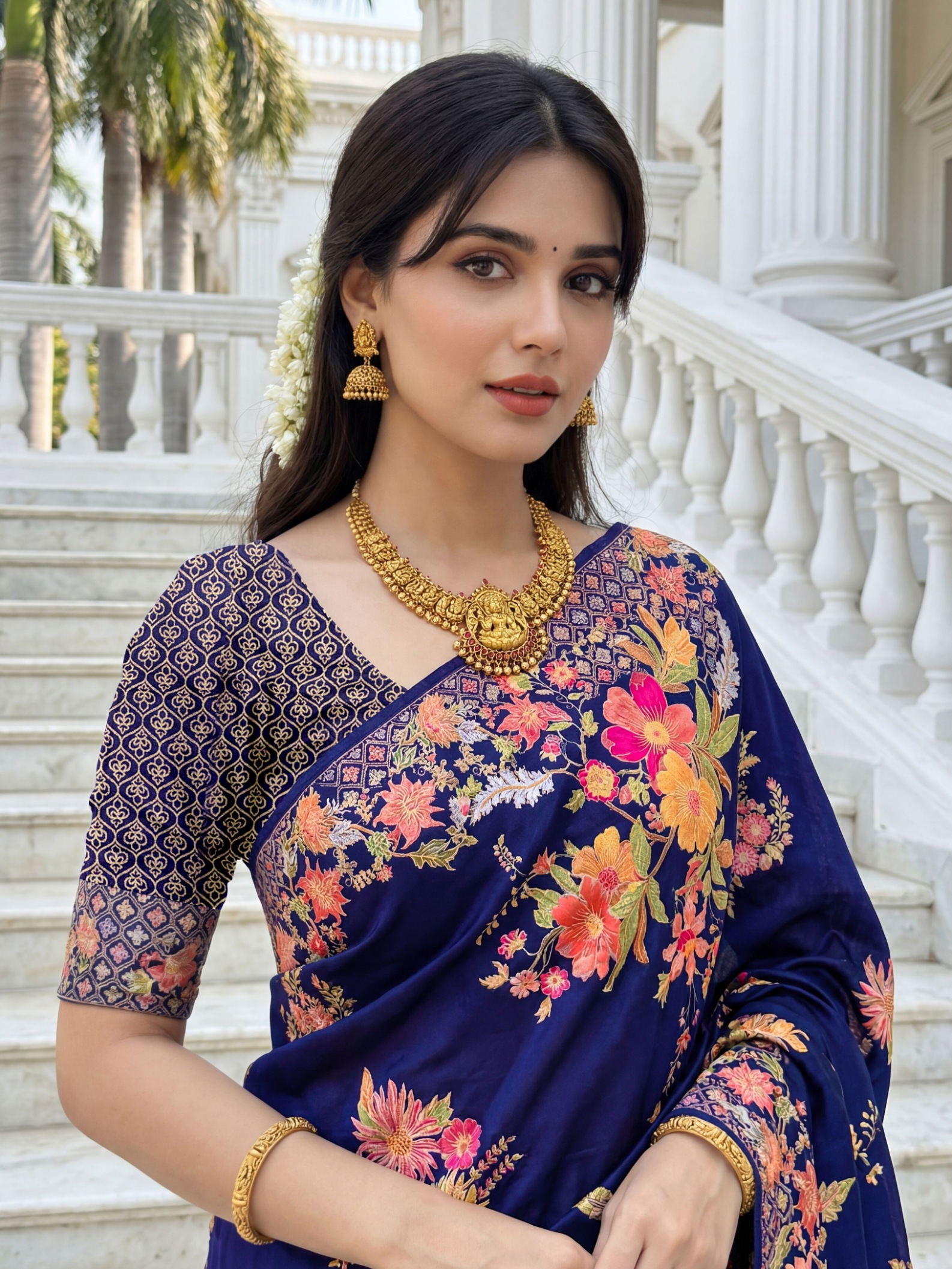 Royal Blue Russian Silk Floral Printed Designer Saree