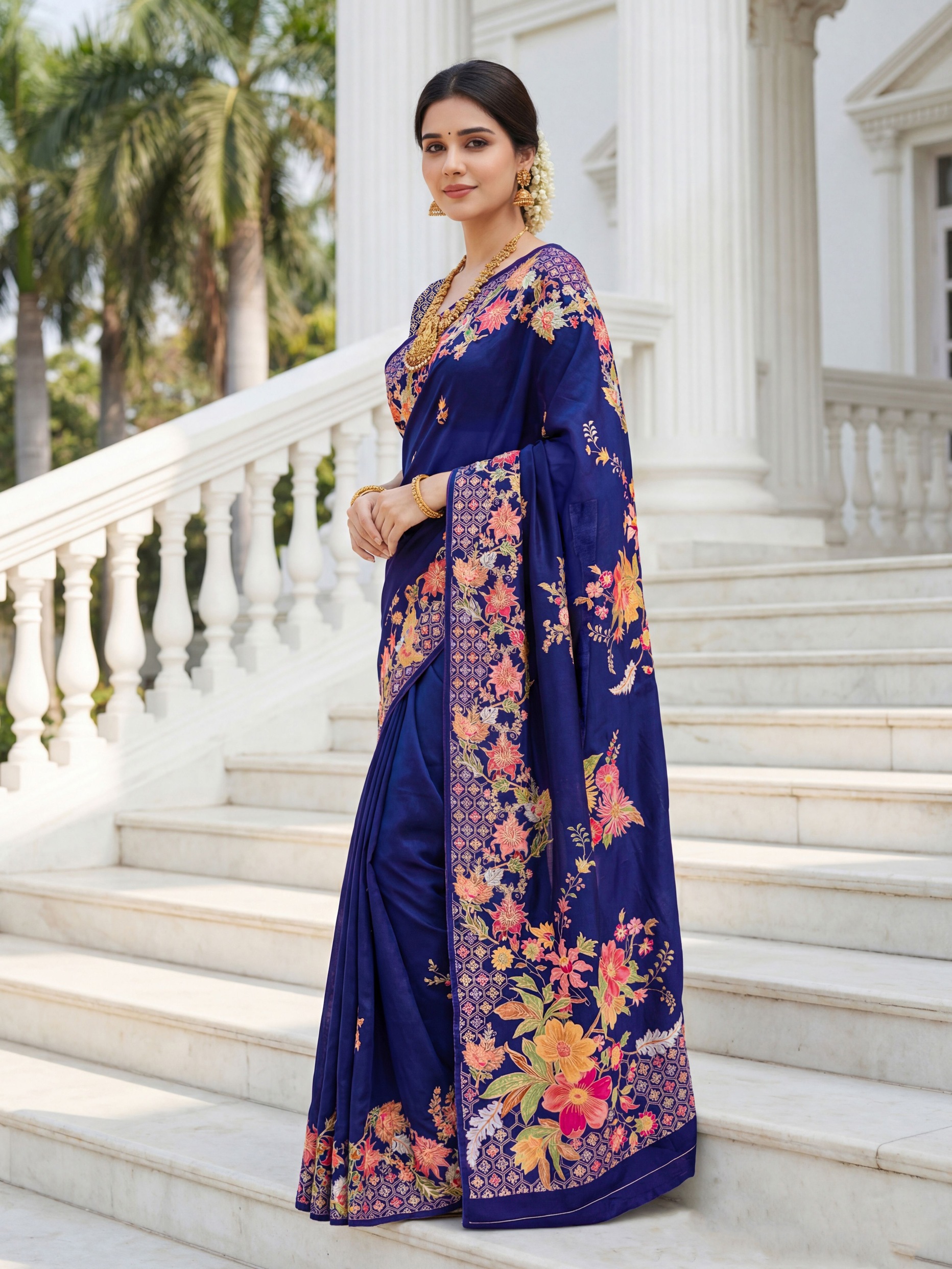 Royal Blue Russian Silk Floral Printed Designer Saree