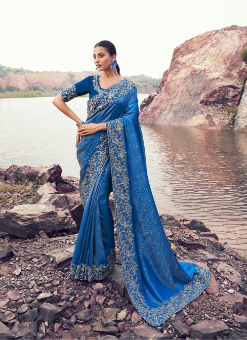 Royal Blue Satin Jacquard Silk Saree with Heavy Embroidery