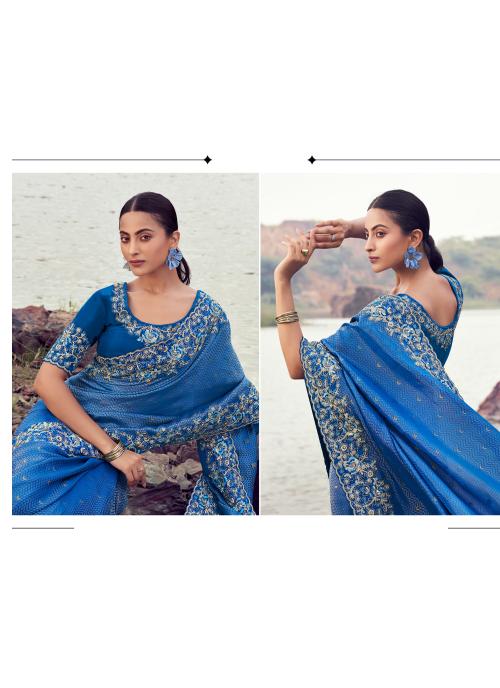 Royal Blue Satin Jacquard Silk Saree with Heavy Embroidery — alternate view