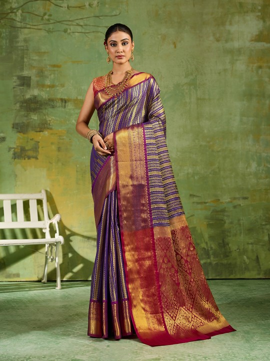 Royal Blue Striped Zari Work Kanjivaram Silk Saree