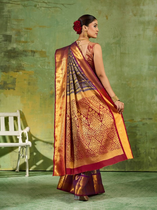 Royal Blue Striped Zari Work Kanjivaram Silk Saree — alternate view
