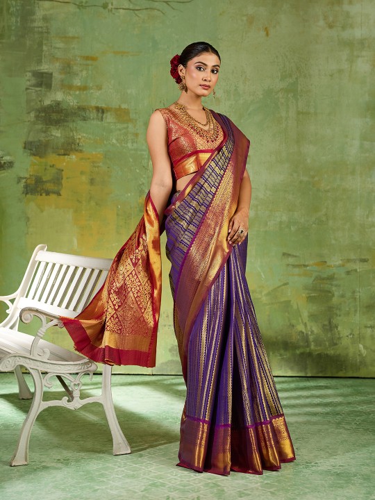 Royal Blue Striped Zari Work Kanjivaram Silk Saree