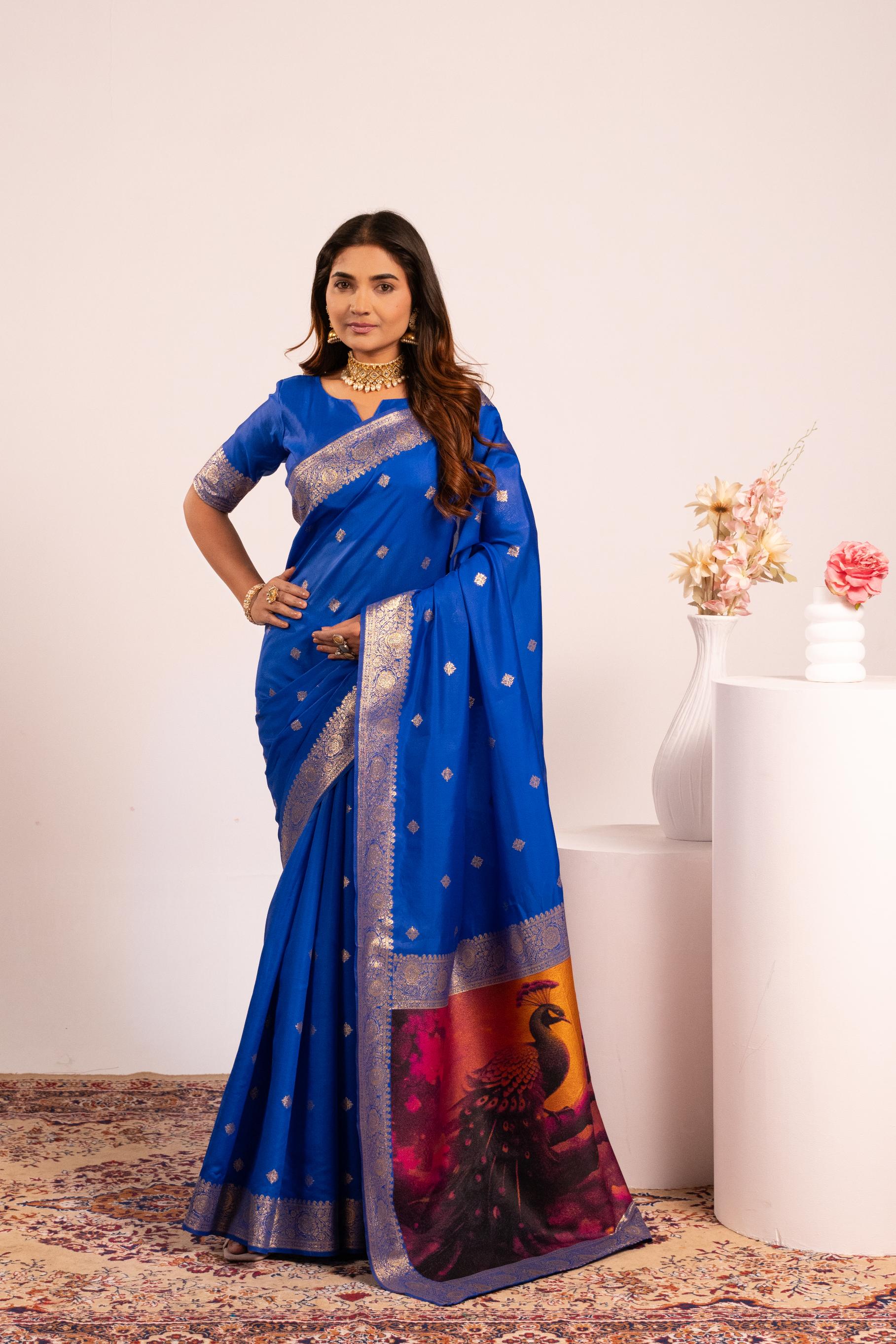 Royal Blue Zari Resham Designer Banarasi Silk Saree