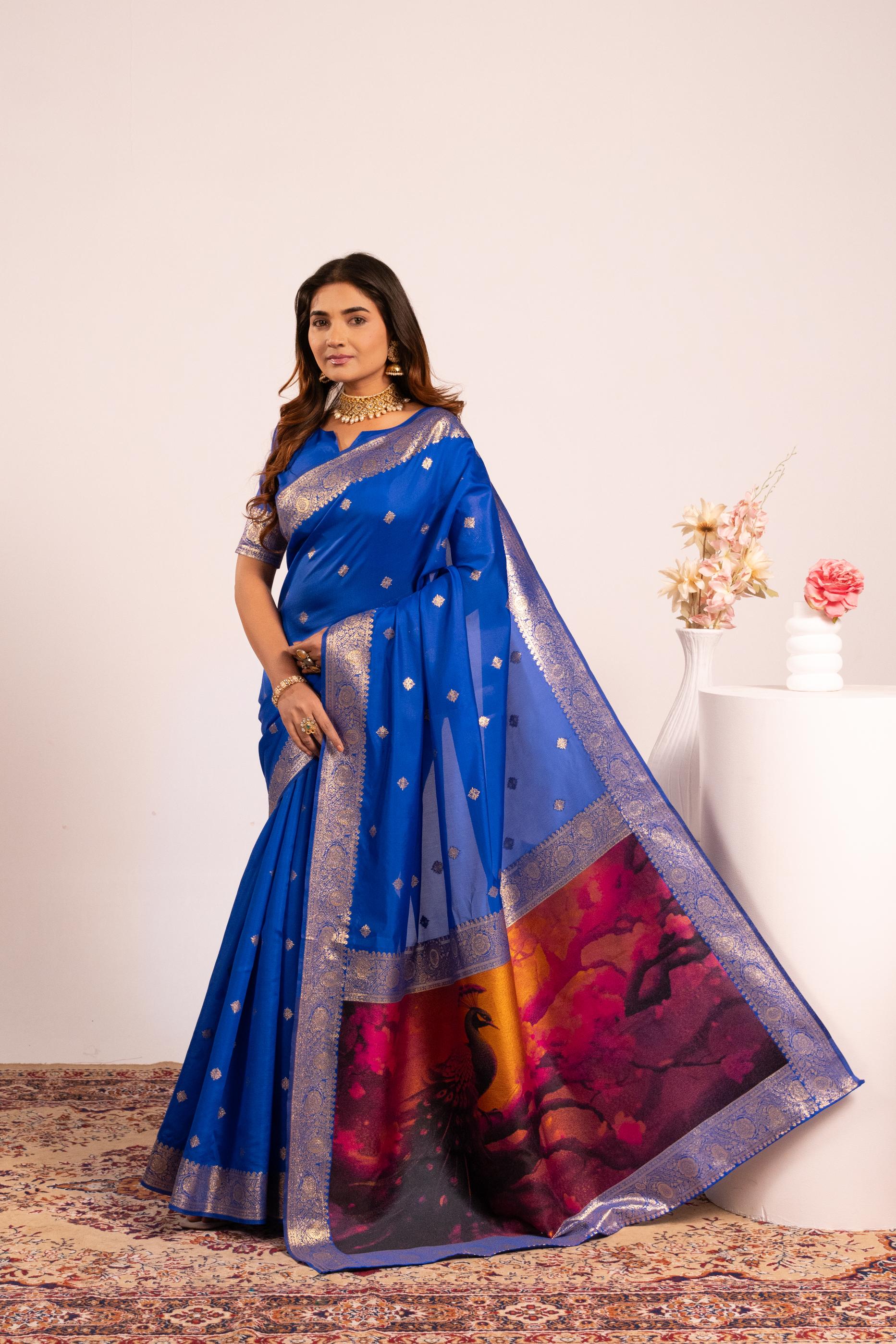 Royal Blue Zari Resham Designer Banarasi Silk Saree