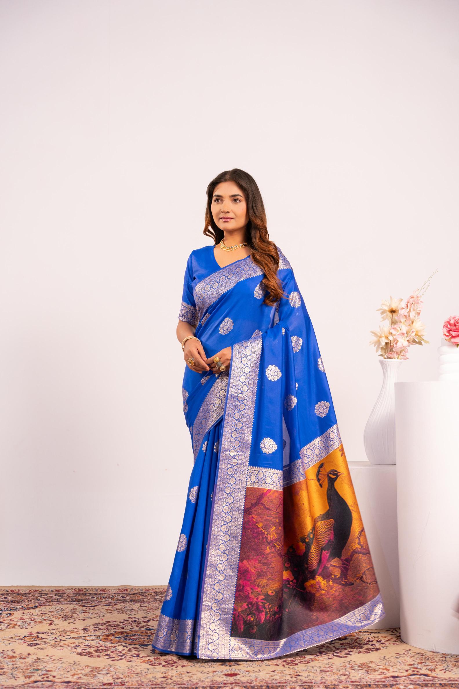 Royal Blue Zari Resham Work Banarasi Silk Saree
