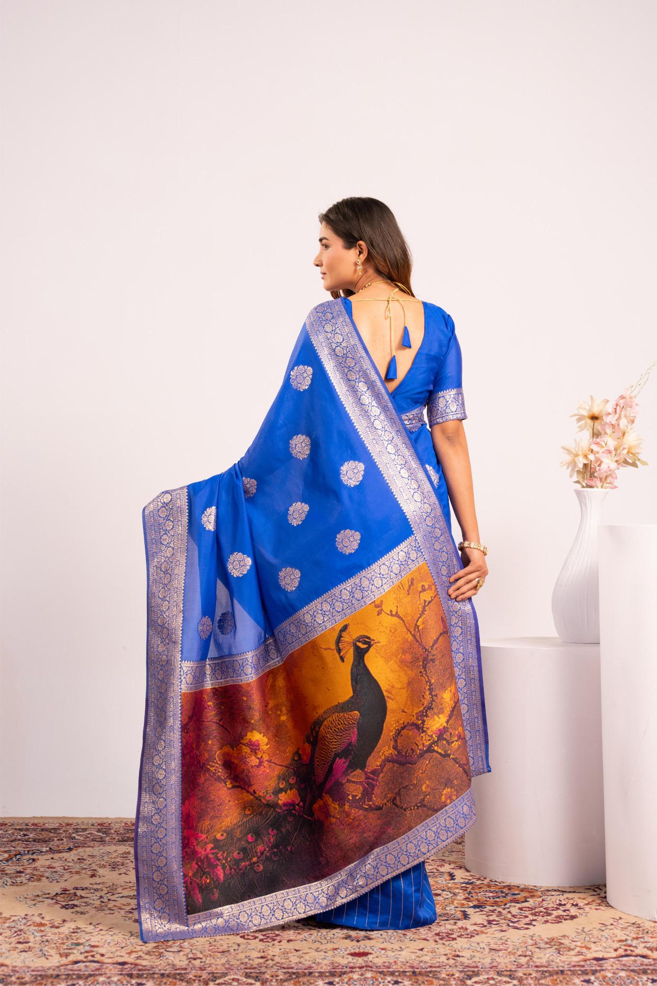 Royal Blue Zari Resham Work Banarasi Silk Saree — alternate view
