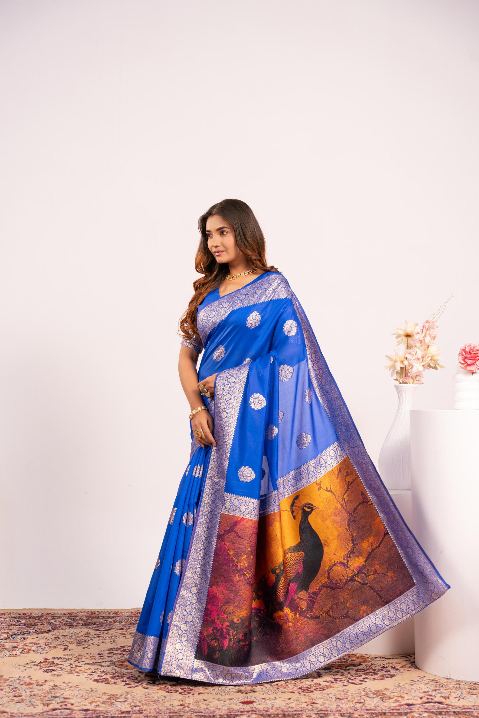 Royal Blue Zari Resham Work Banarasi Silk Saree