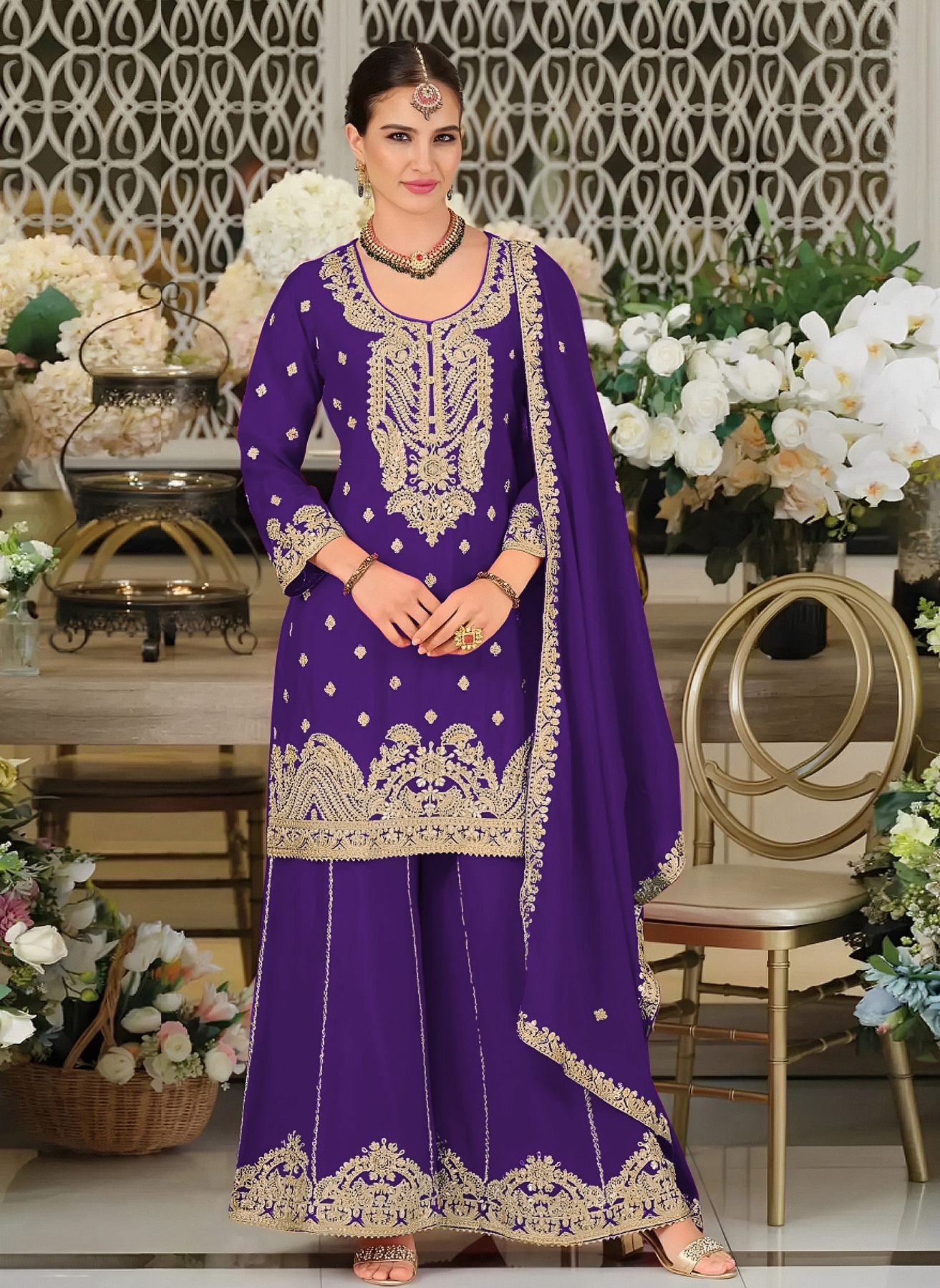 Royal Purple Embroidered Chinon Palazzo Suit