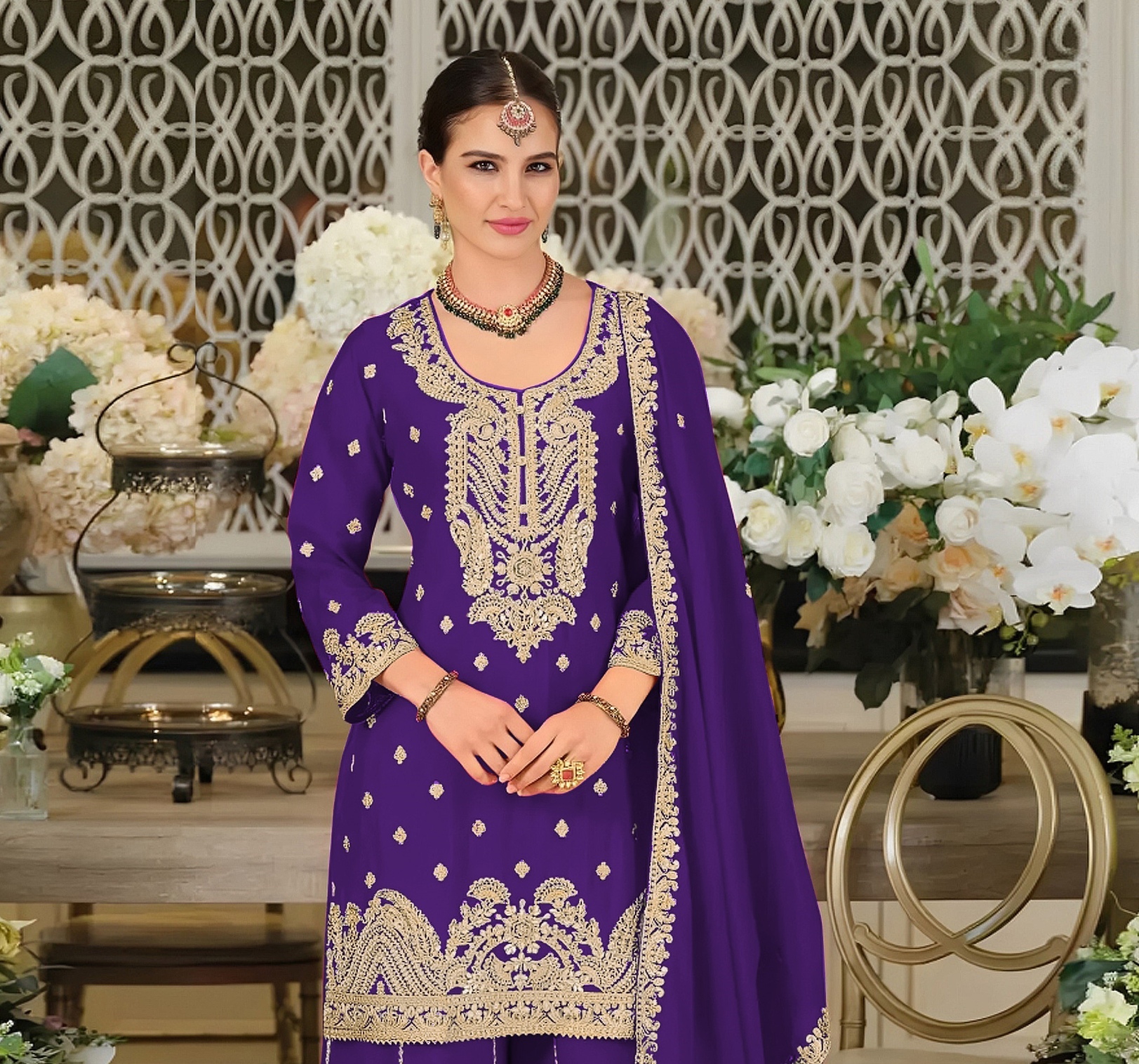 Royal Purple Embroidered Chinon Palazzo Suit — alternate view
