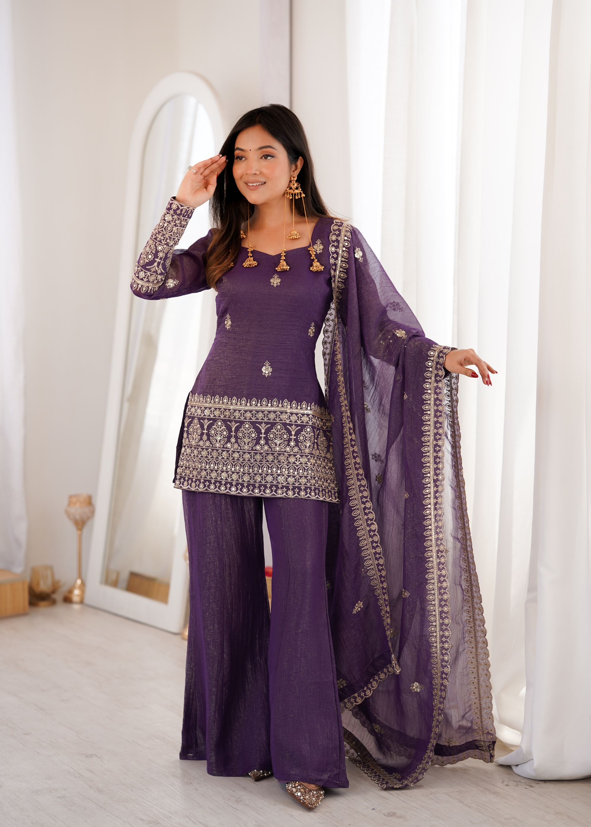 Royal Purple Embroidered Crunchy Silk Palazzo Suit