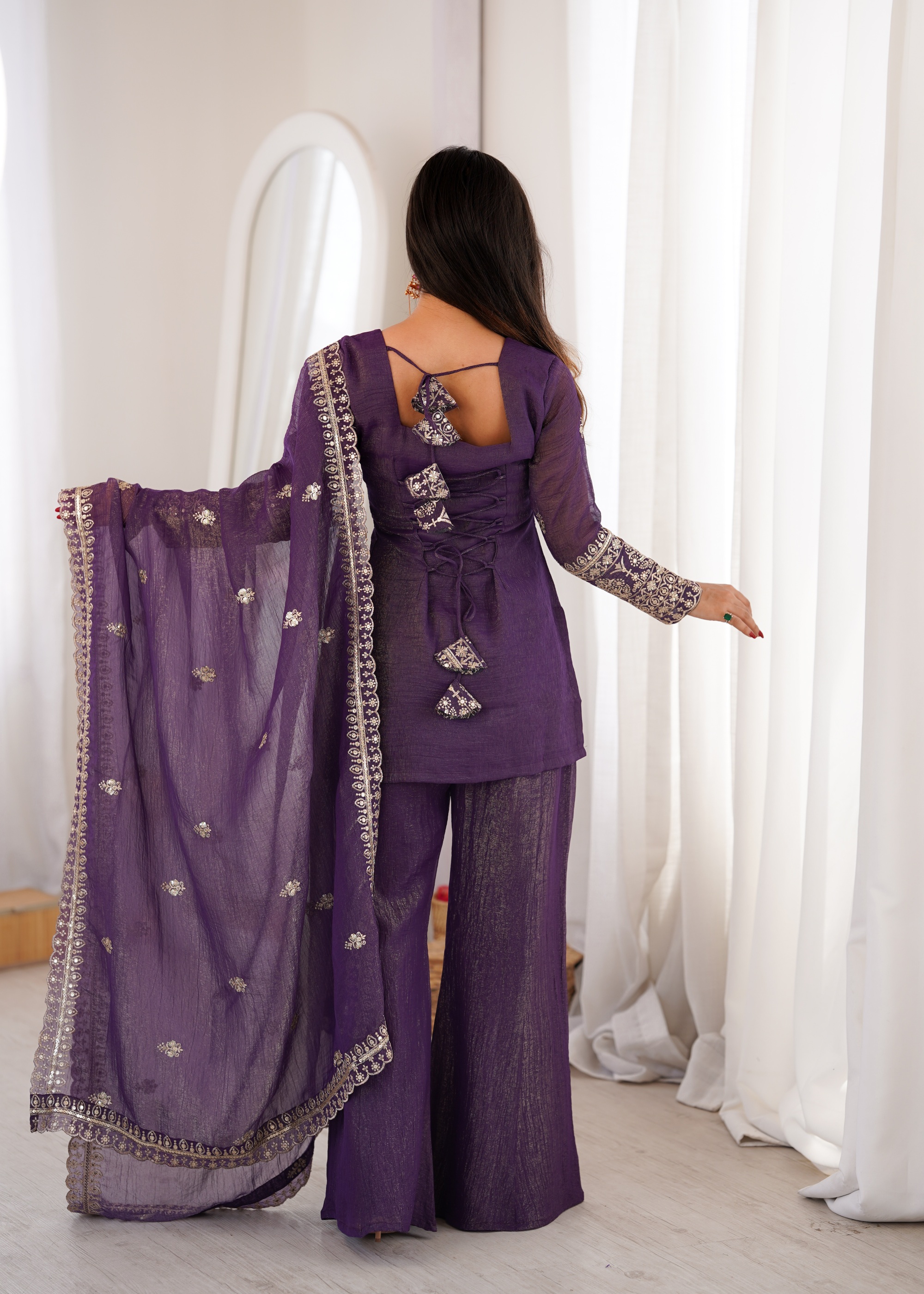 Royal Purple Embroidered Crunchy Silk Palazzo Suit — alternate view