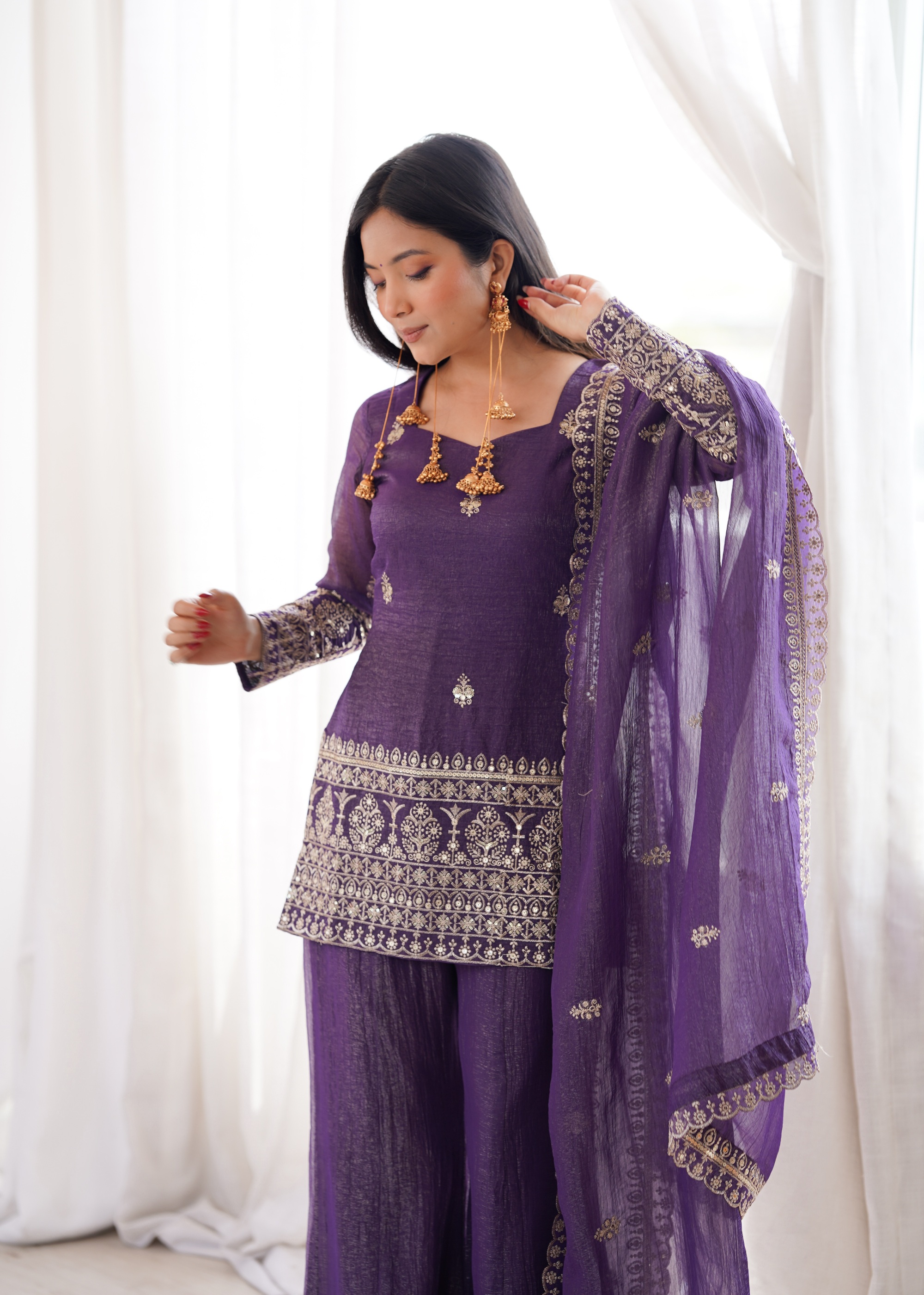 Royal Purple Embroidered Crunchy Silk Palazzo Suit