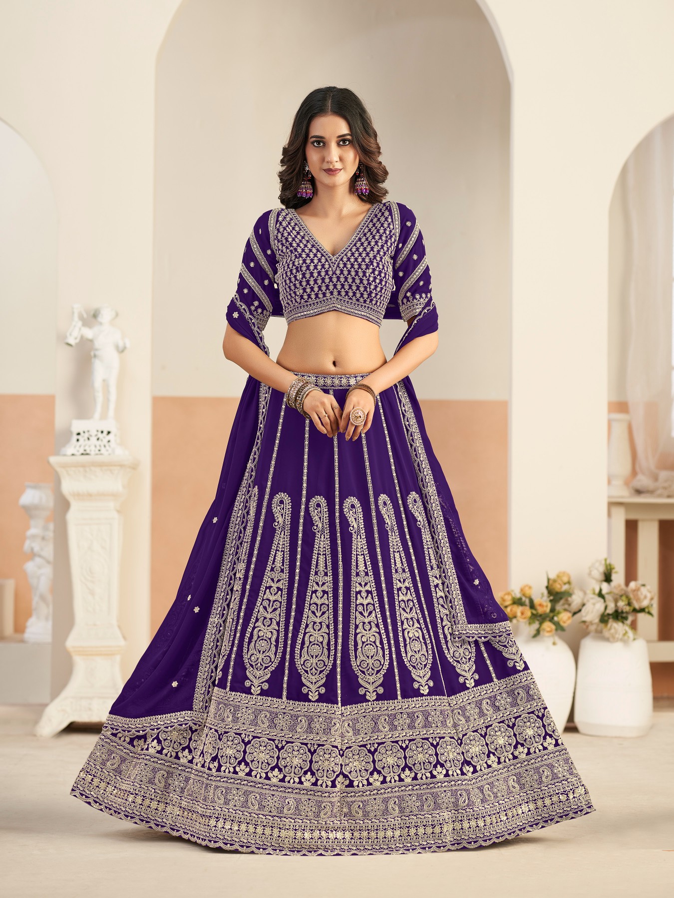Royal Purple Embroidered Faux Georgette Wedding Lehenga Choli