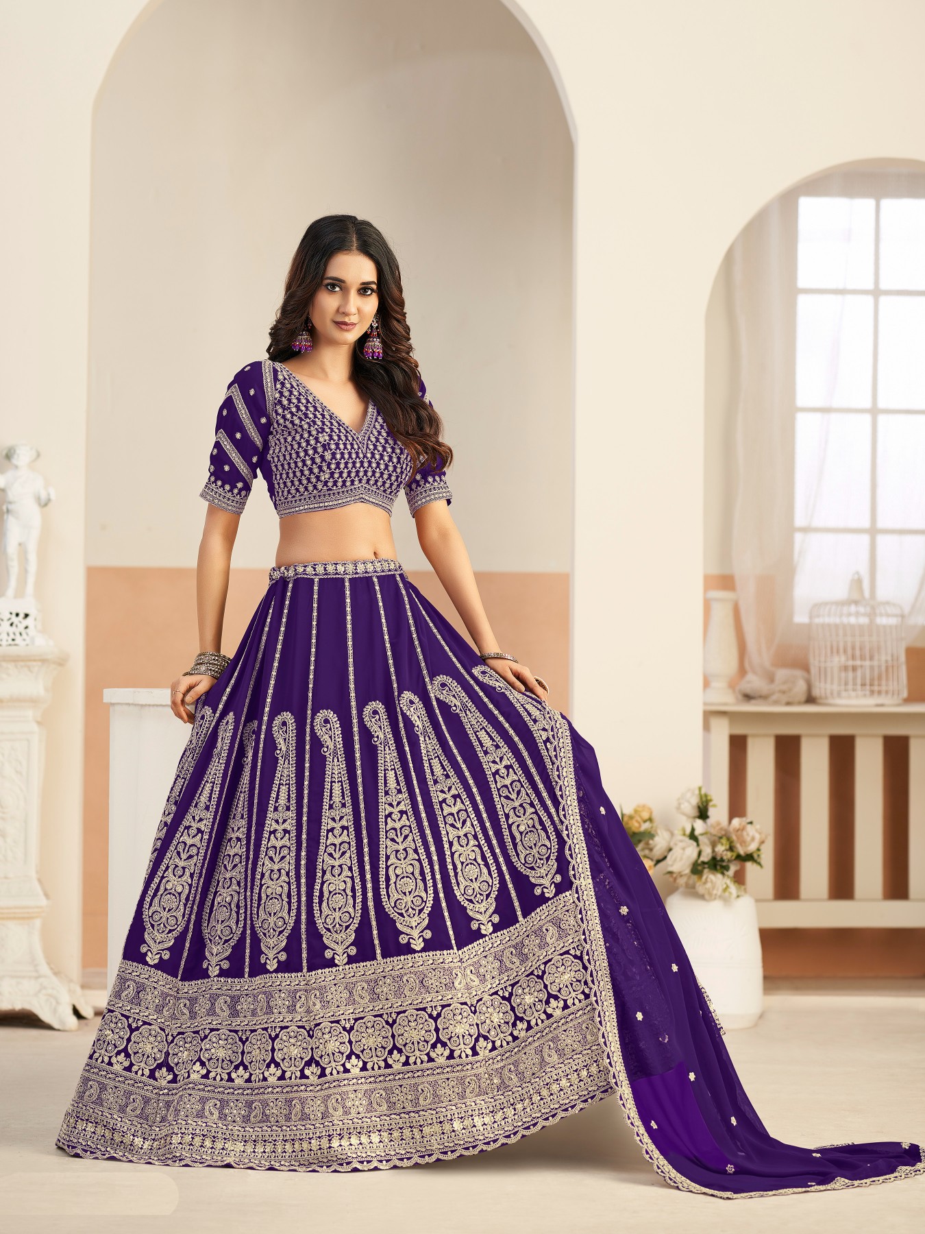 Royal Purple Embroidered Faux Georgette Wedding Lehenga Choli
