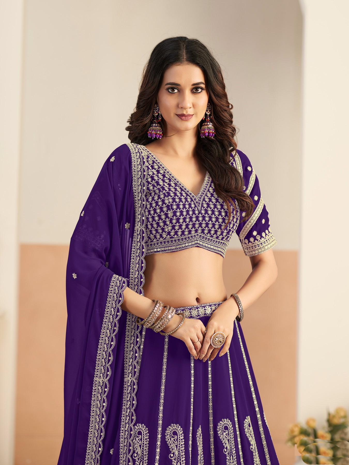 Royal Purple Embroidered Faux Georgette Wedding Lehenga Choli