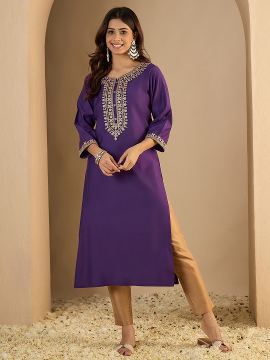 Royal Purple Embroidered Silk Blend Elegant Kurti