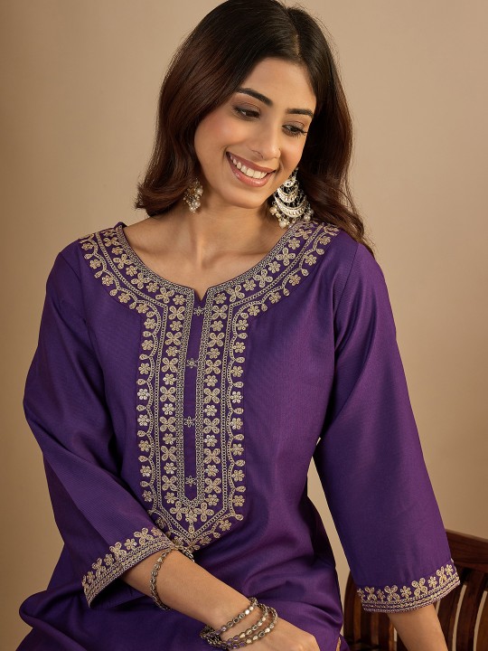 Royal Purple Embroidered Silk Blend Elegant Kurti