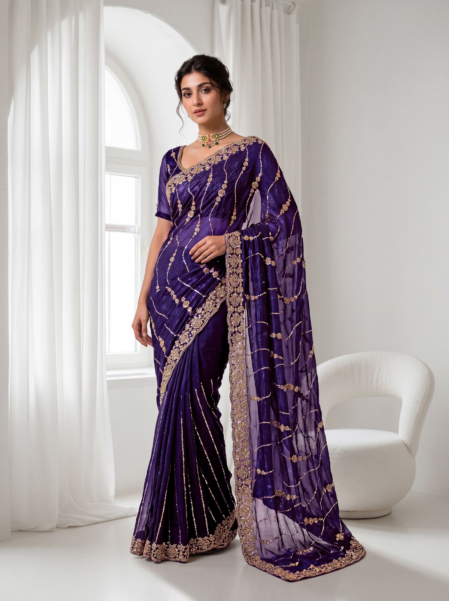 Royal Purple Floral Sequin Embroidered Space Silk Saree