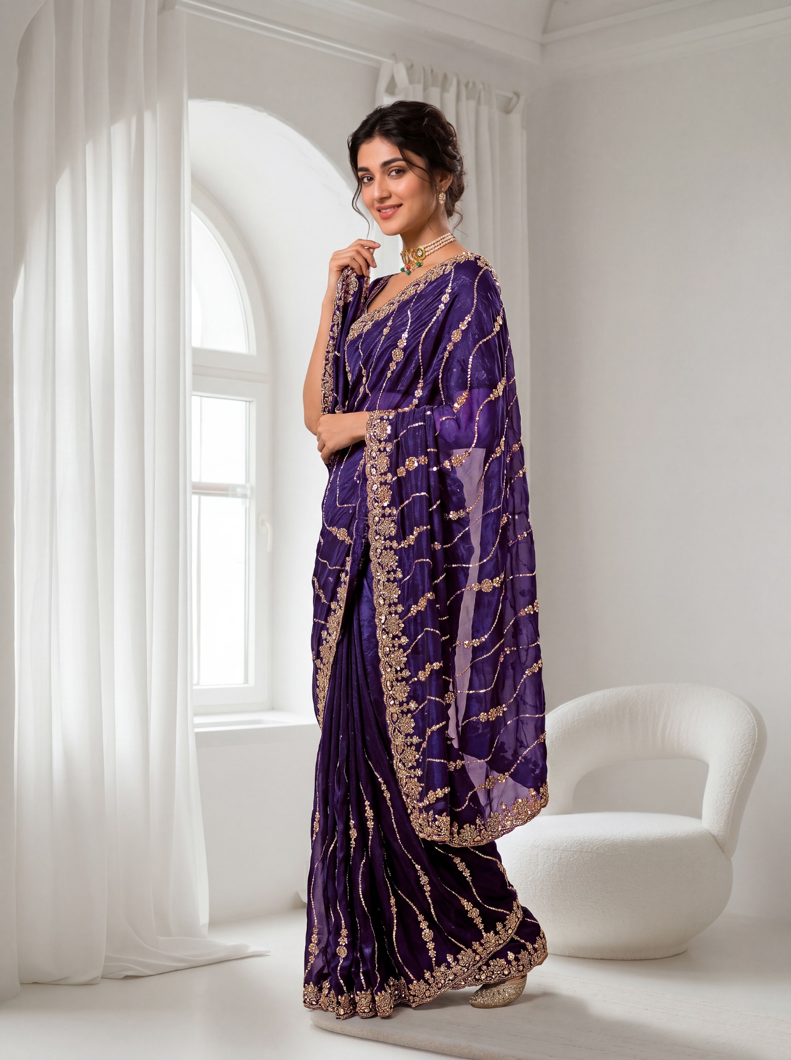 Royal Purple Floral Sequin Embroidered Space Silk Saree — alternate view