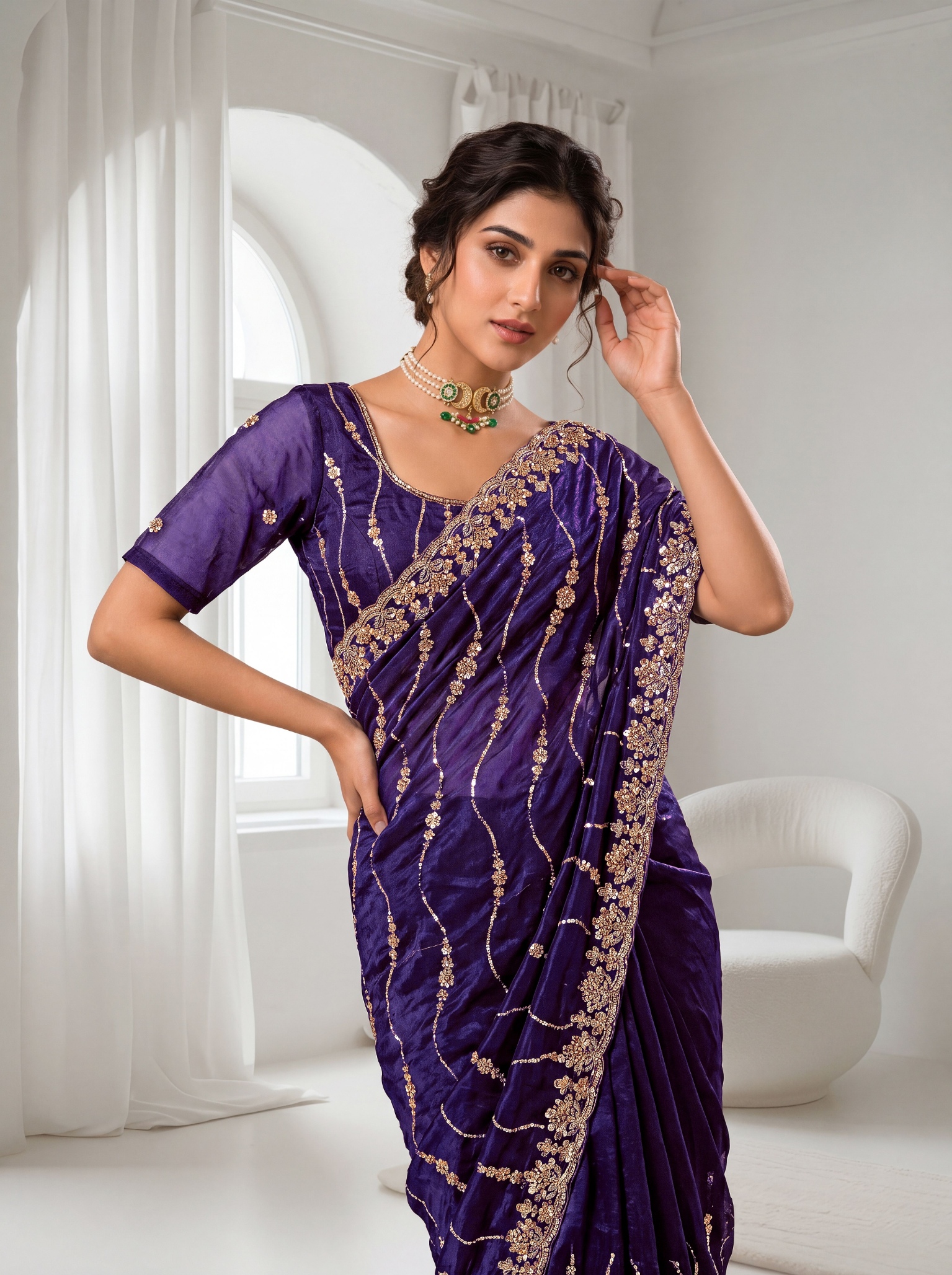 Royal Purple Floral Sequin Embroidered Space Silk Saree