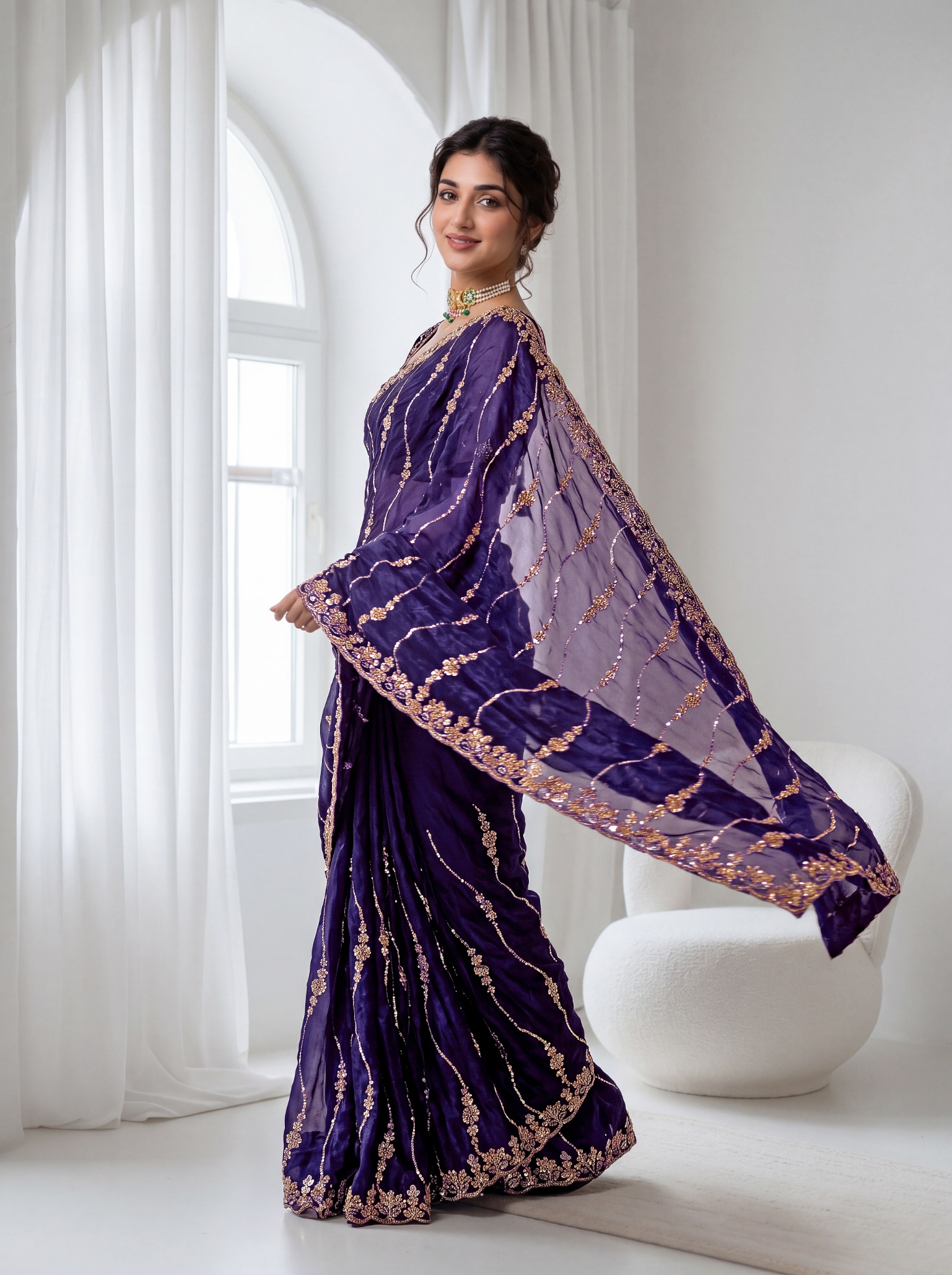 Royal Purple Floral Sequin Embroidered Space Silk Saree