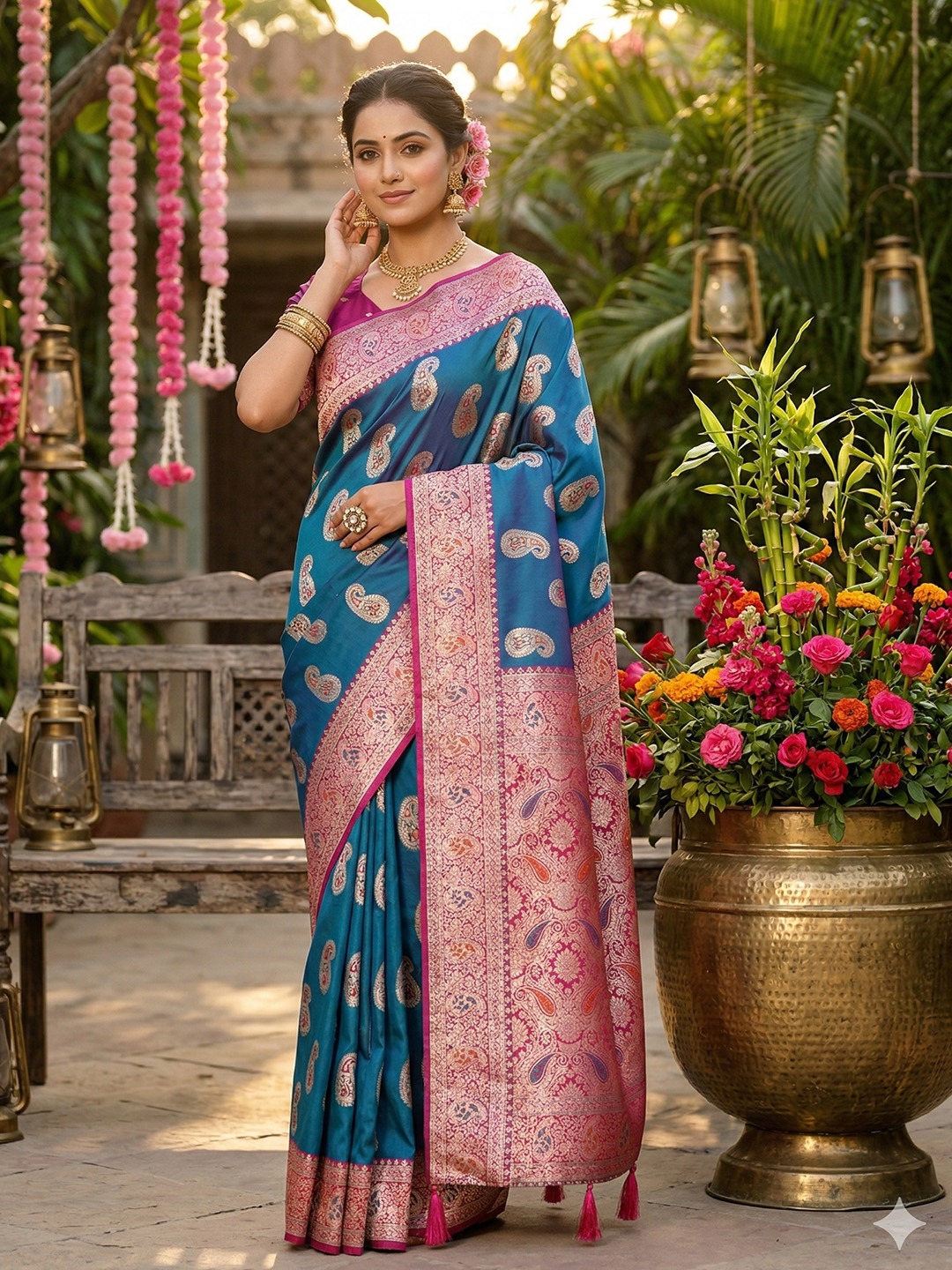 Royal Sky Blue Paisley Designer Silk Blend Saree