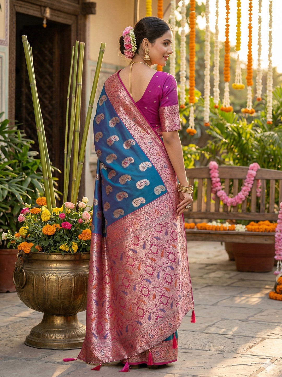 Royal Sky Blue Paisley Designer Silk Blend Saree — alternate view