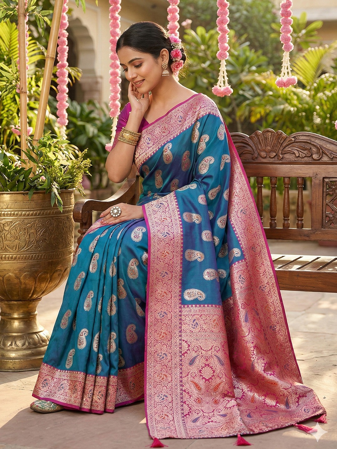 Royal Sky Blue Paisley Designer Silk Blend Saree