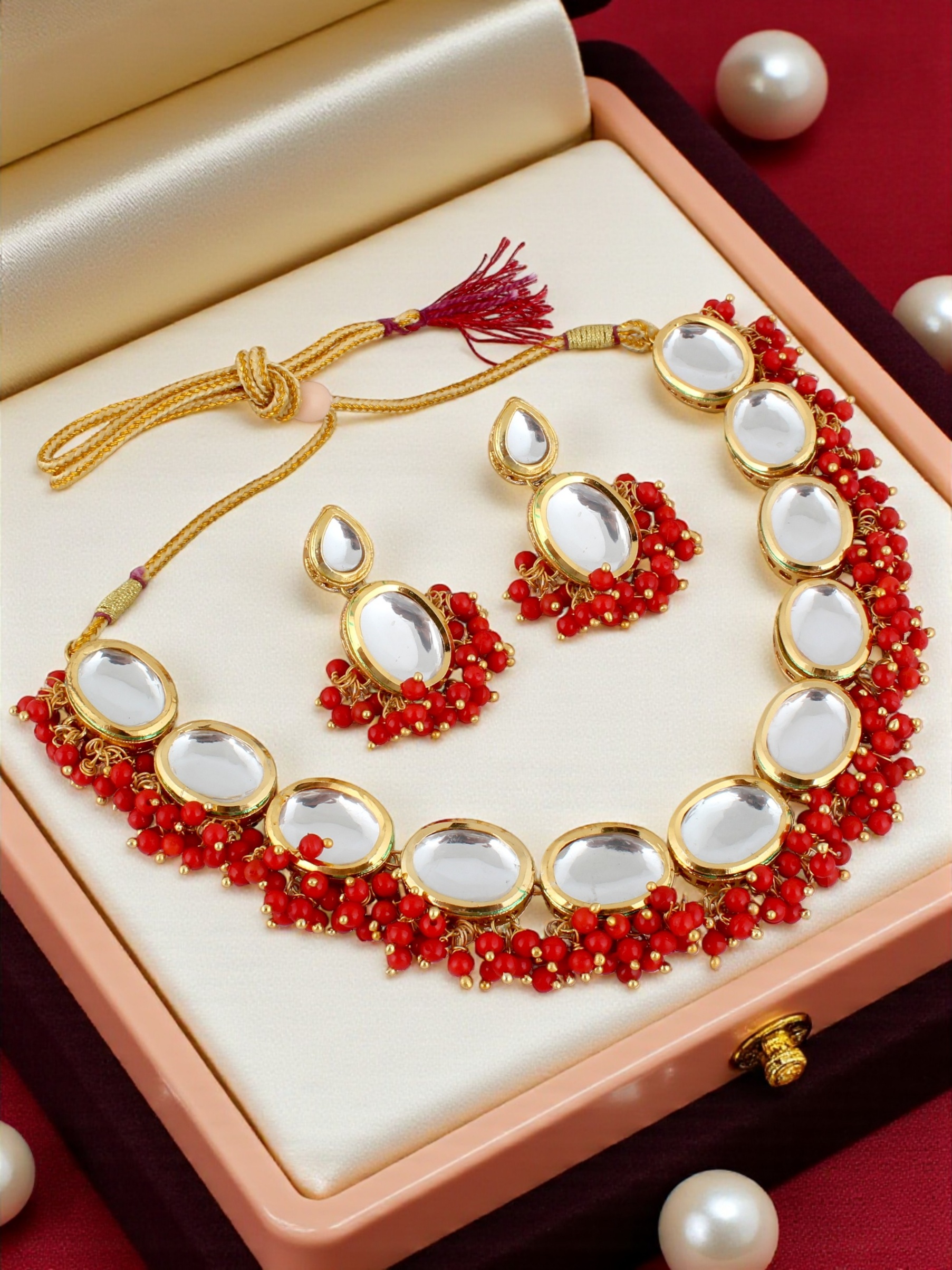 Ruby Red Kundan Beaded Necklace Set — alternate view