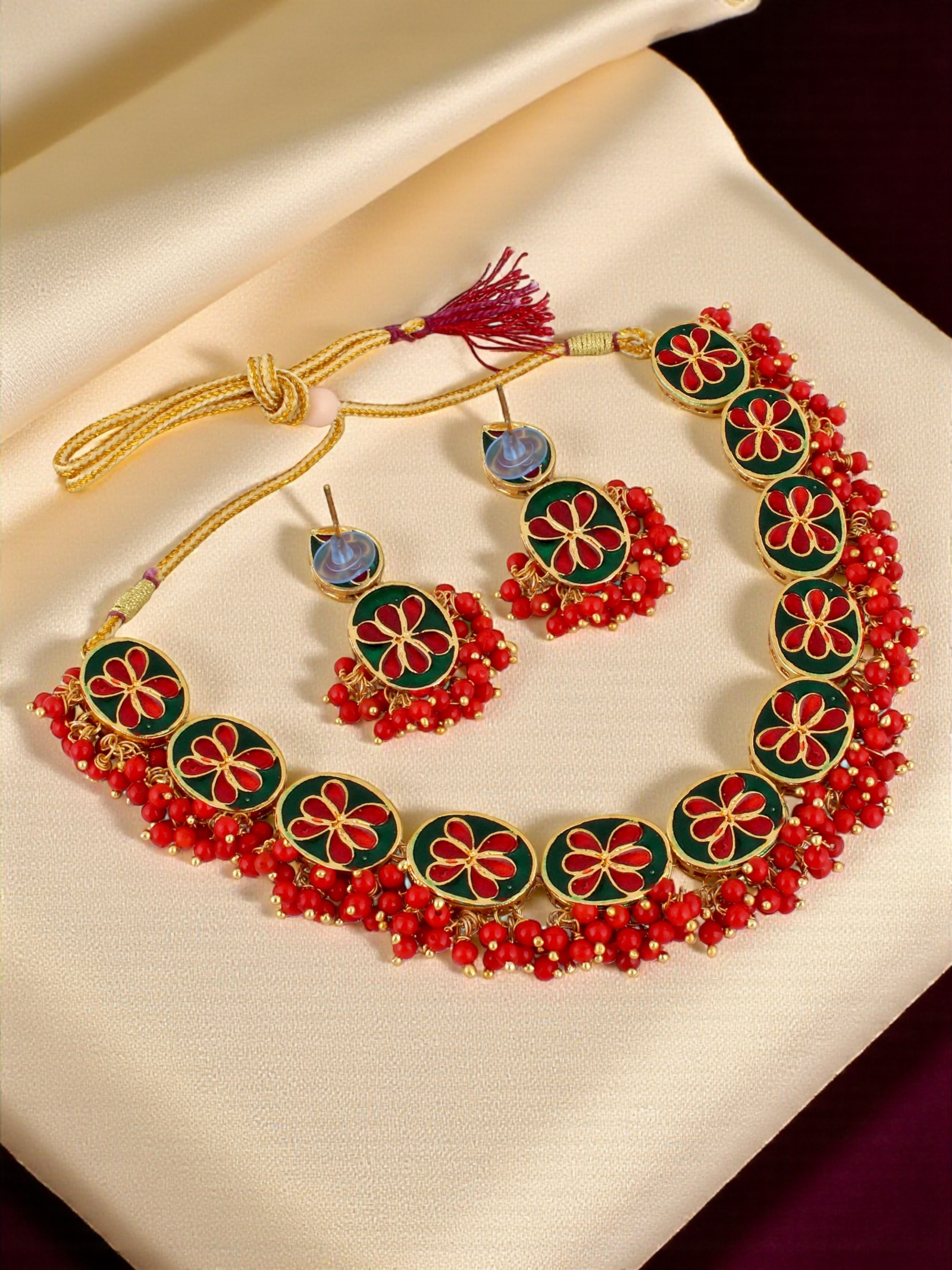 Ruby Red Kundan Beaded Necklace Set