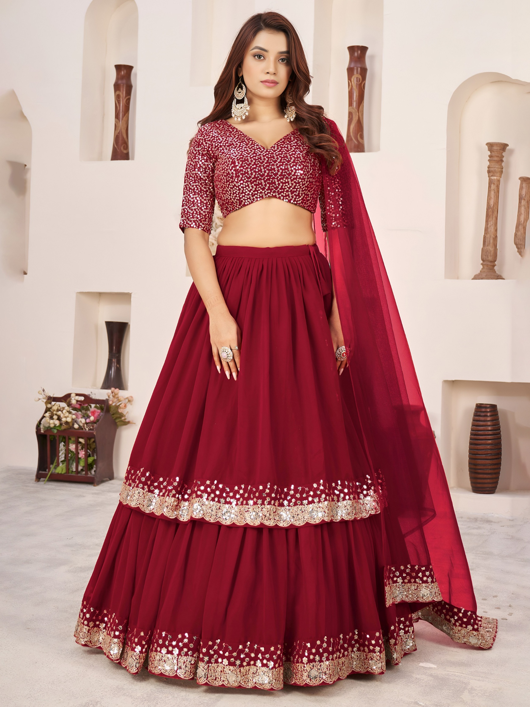 Ruby Red Zari Embroidered Layered Lehenga Choli