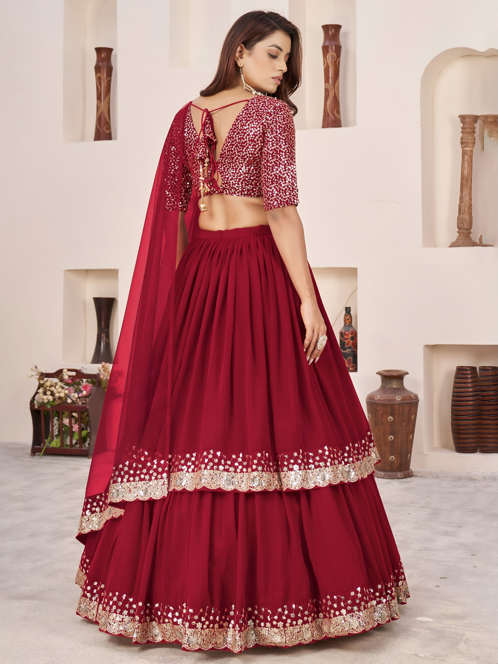 Ruby Red Zari Embroidered Layered Lehenga Choli — alternate view