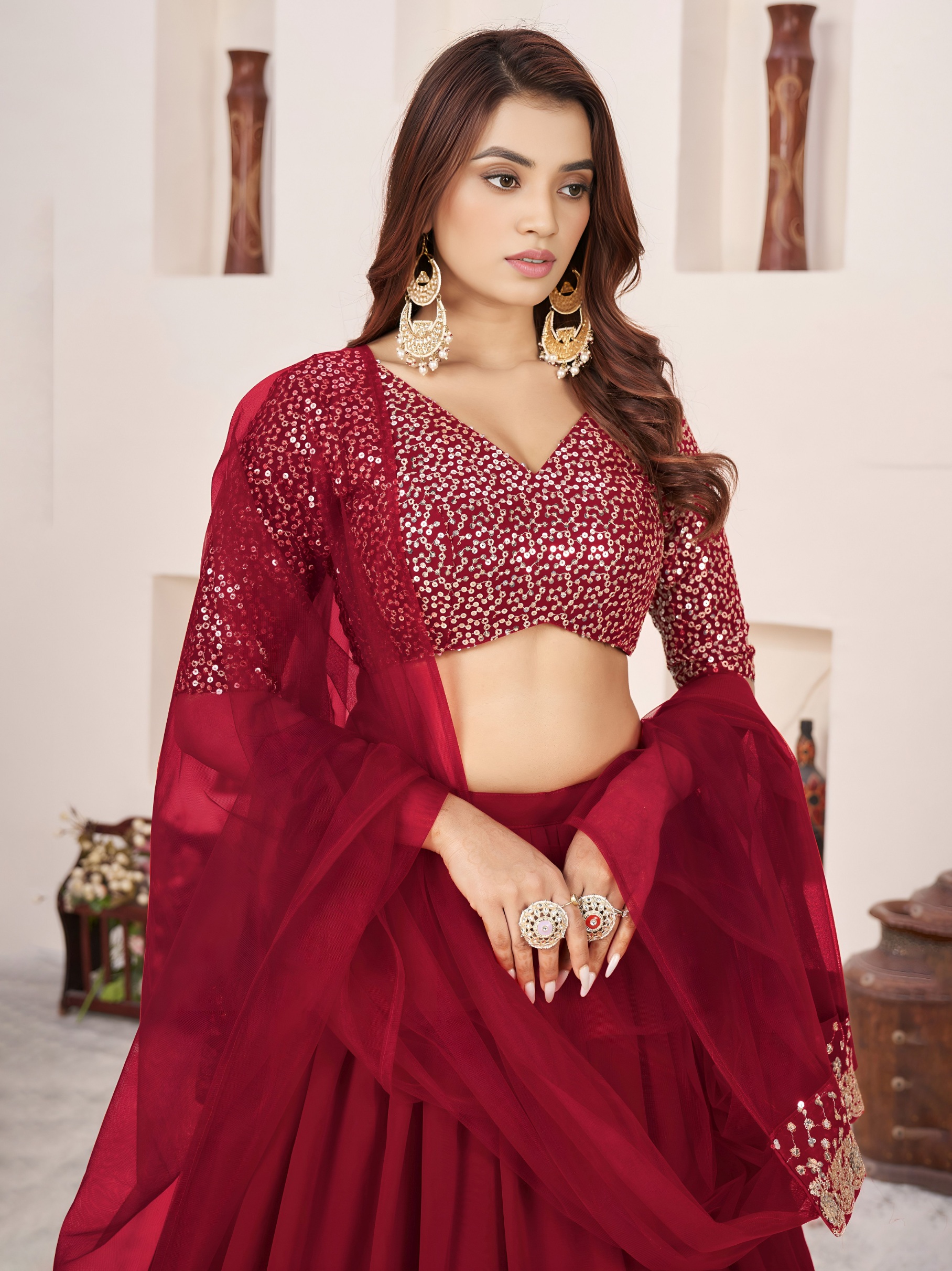 Ruby Red Zari Embroidered Layered Lehenga Choli