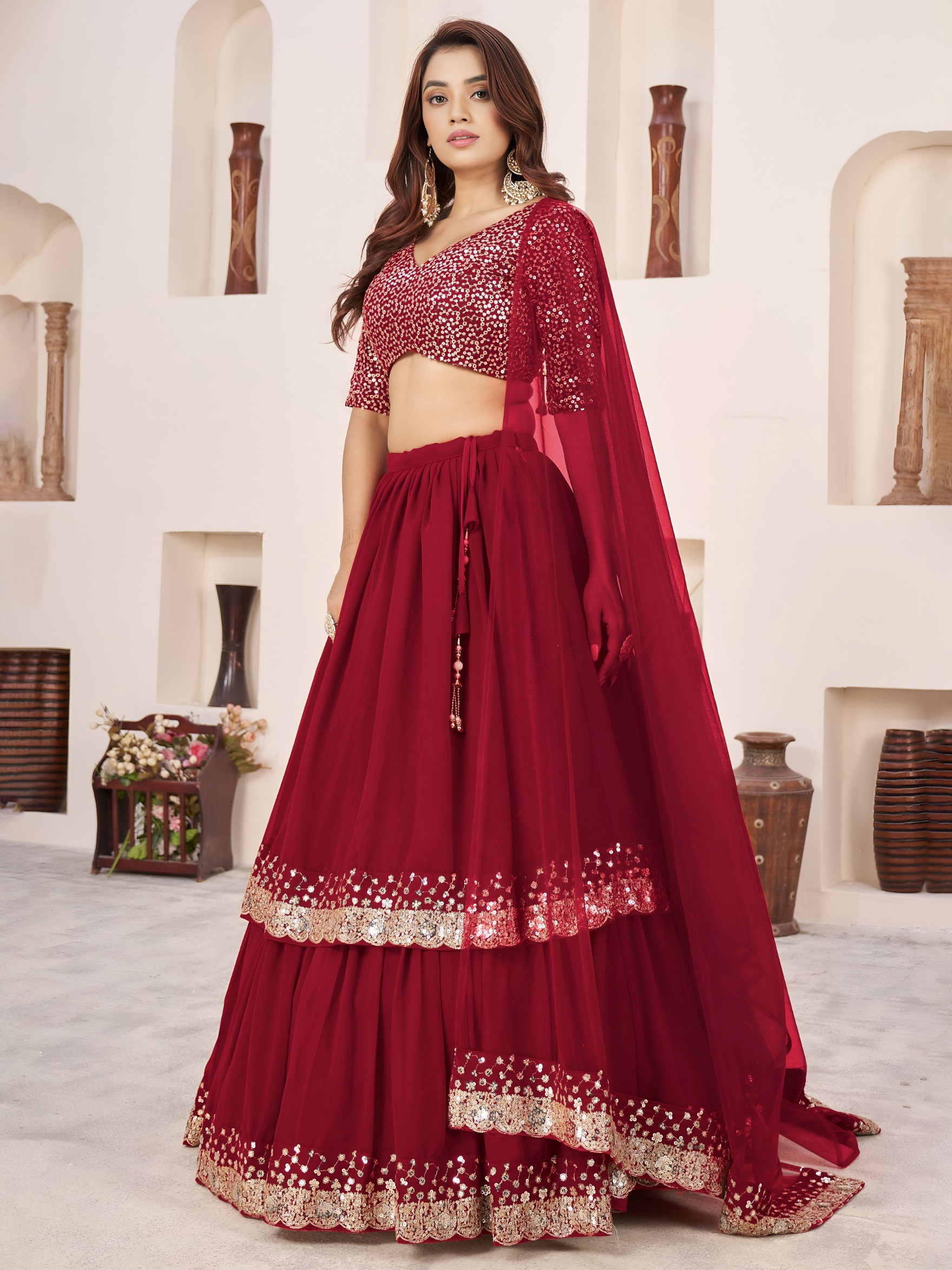 Ruby Red Zari Embroidered Layered Lehenga Choli