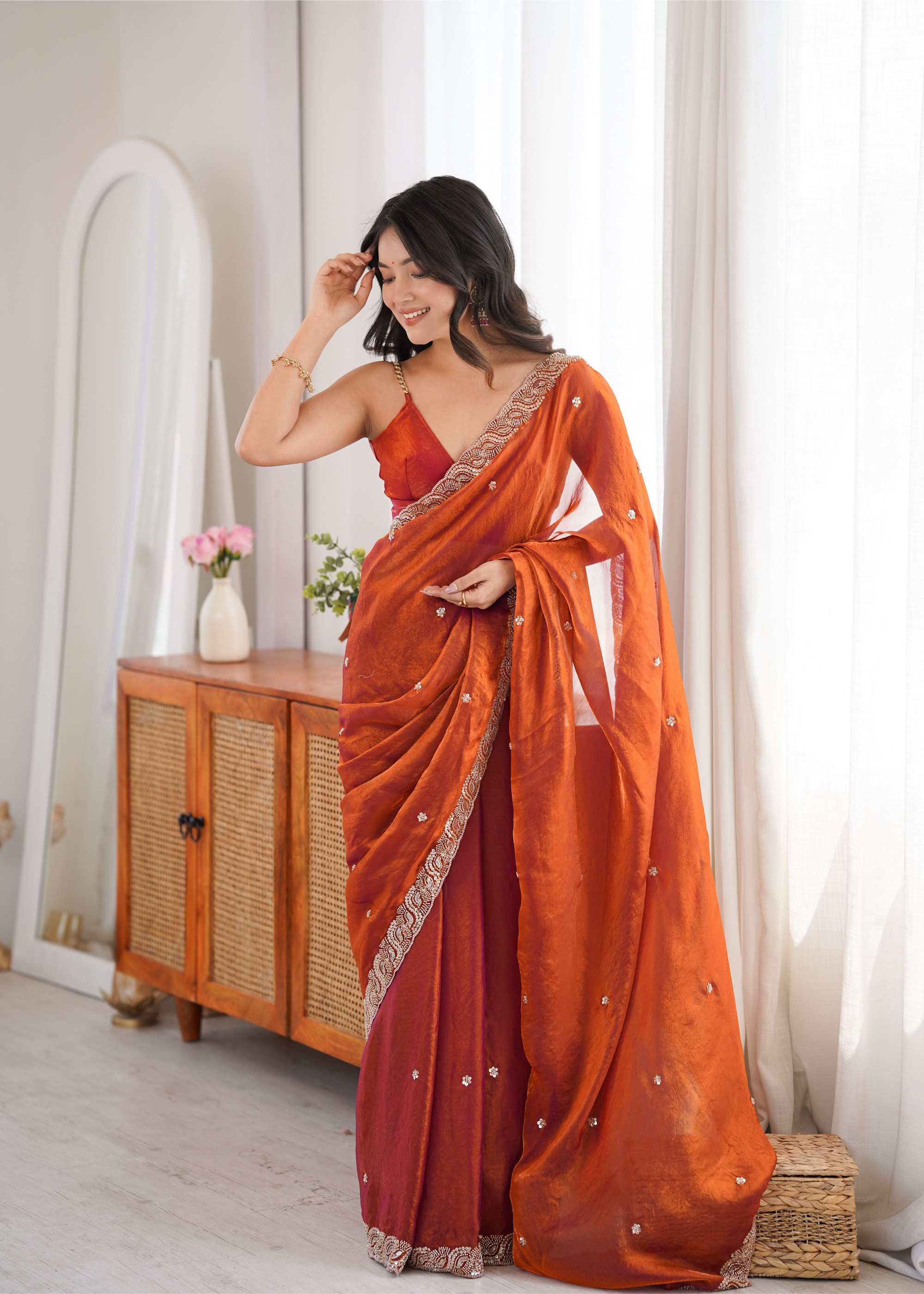 Rust Beads Pearl Fendy Satin Saree