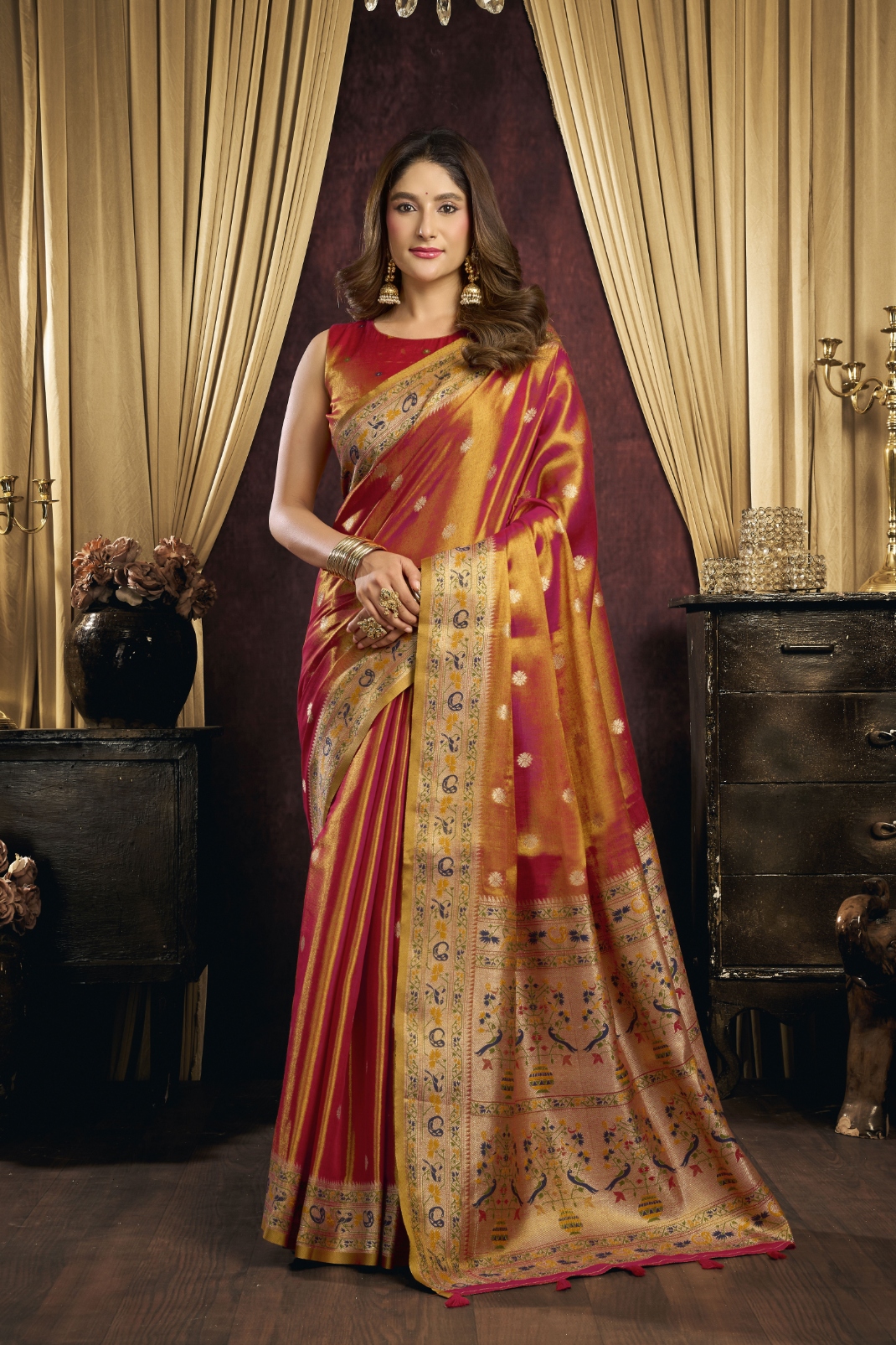 Rust Bird Motif Woven Tissue Silk Saree