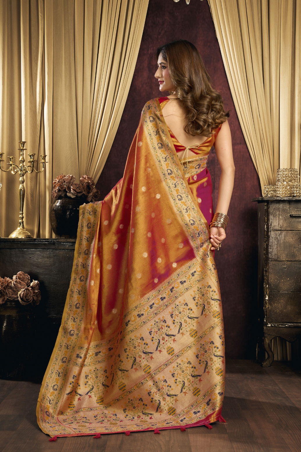 Rust Bird Motif Woven Tissue Silk Saree — alternate view