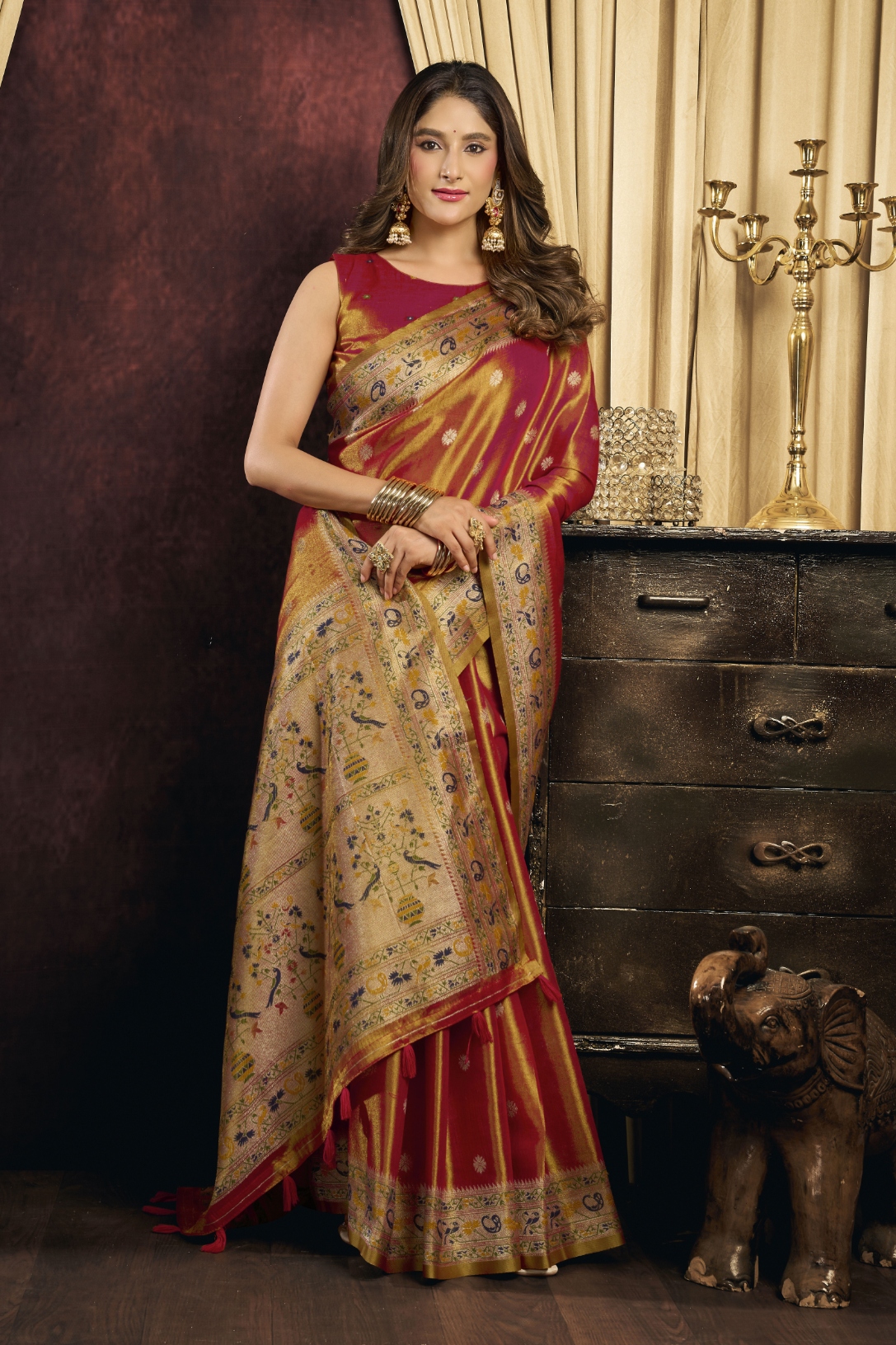 Rust Bird Motif Woven Tissue Silk Saree