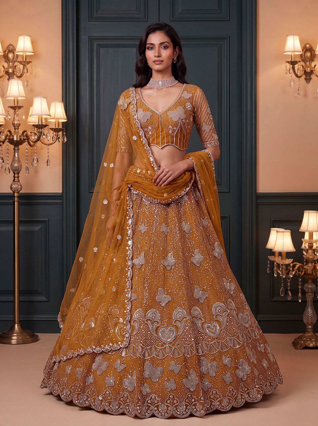Rust Butterfly Embroidered Net Flared Lehenga Choli