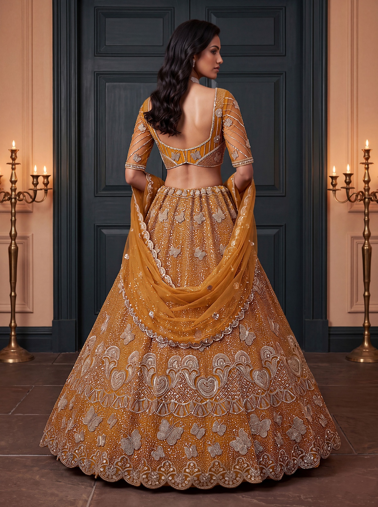Rust Butterfly Embroidered Net Flared Lehenga Choli — alternate view