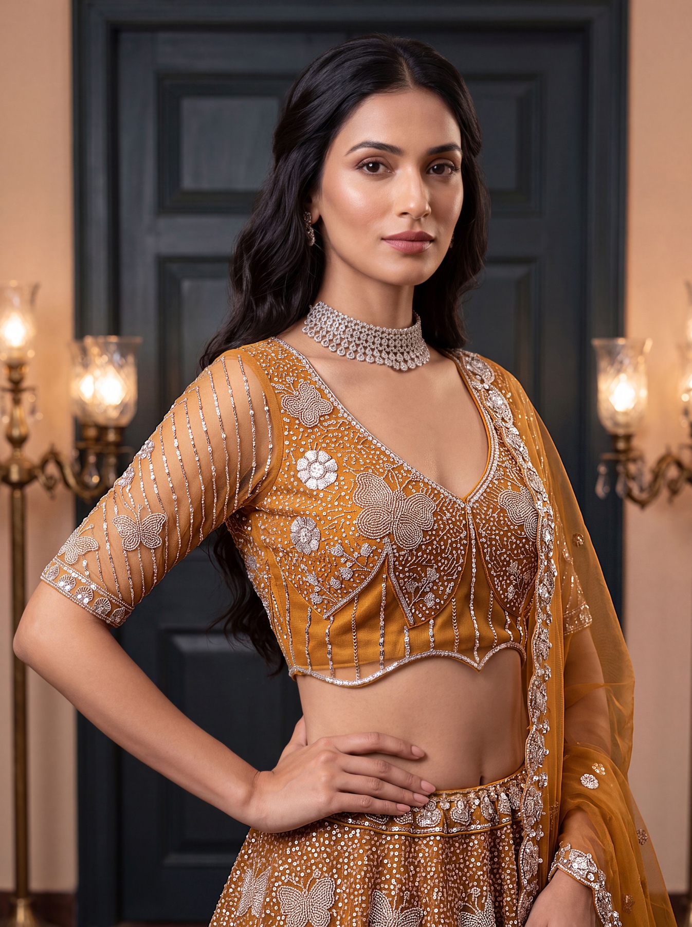 Rust Butterfly Embroidered Net Flared Lehenga Choli