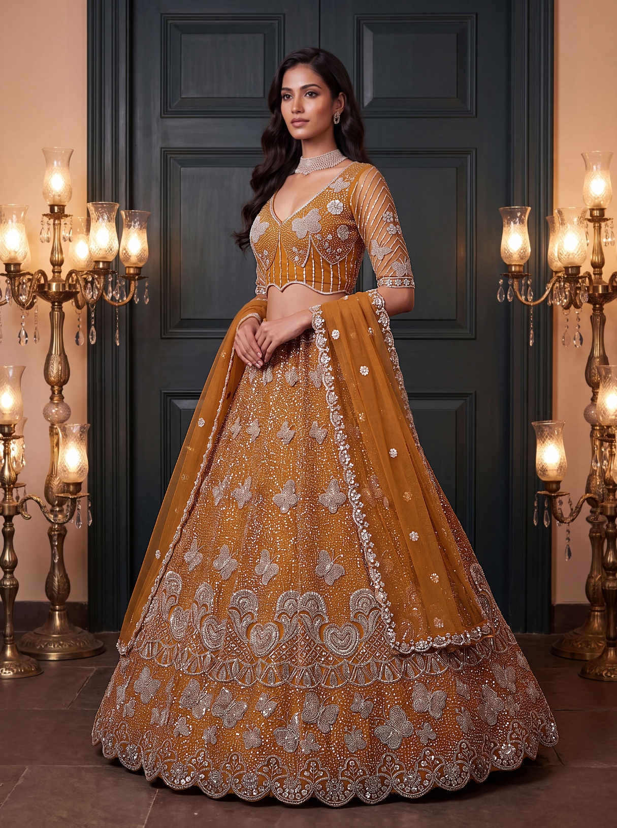 Rust Butterfly Embroidered Net Flared Lehenga Choli