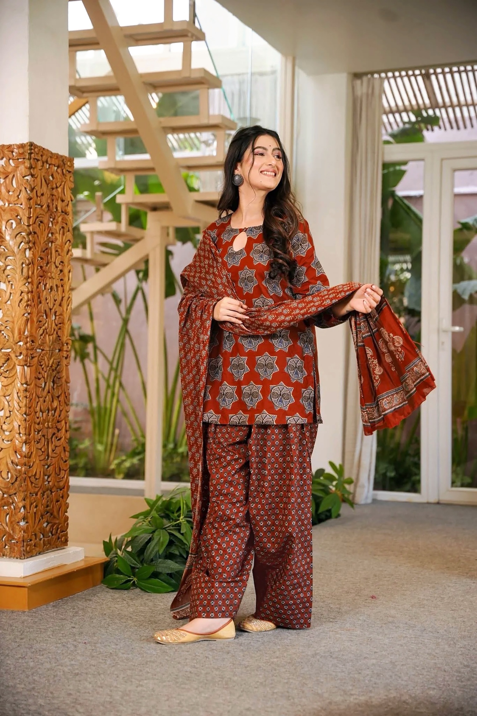 Rust Cambric Cotton Geometric Digital Printed Kurta Set